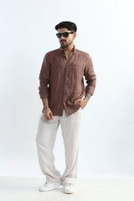 Thumbnail for Xkind Brown 100% Pure Linen Mocha Mouse Button Down Casual Shirt