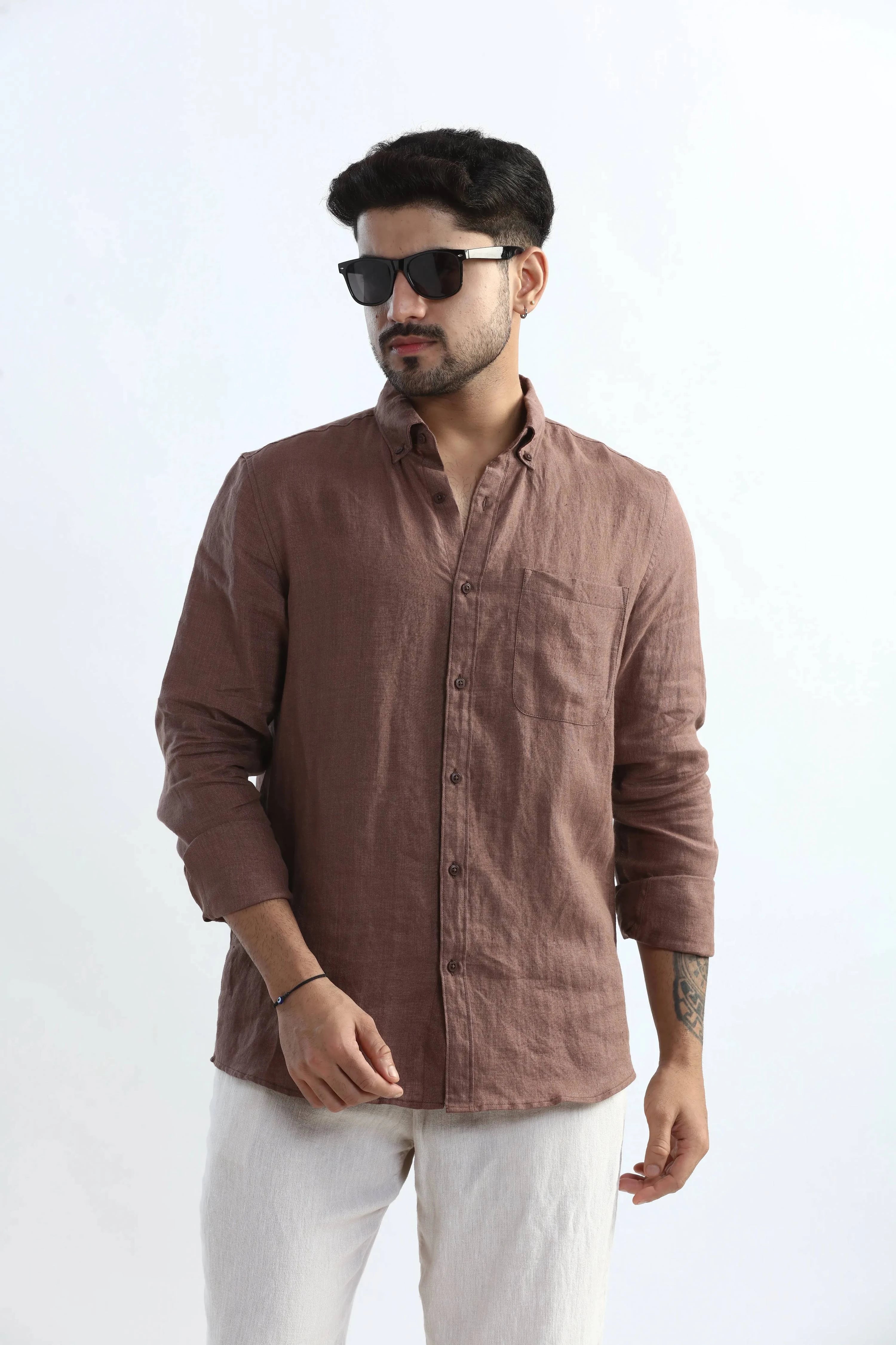 Xkind Brown 100% Pure Linen Mocha Mouse Button Down Casual Shirt