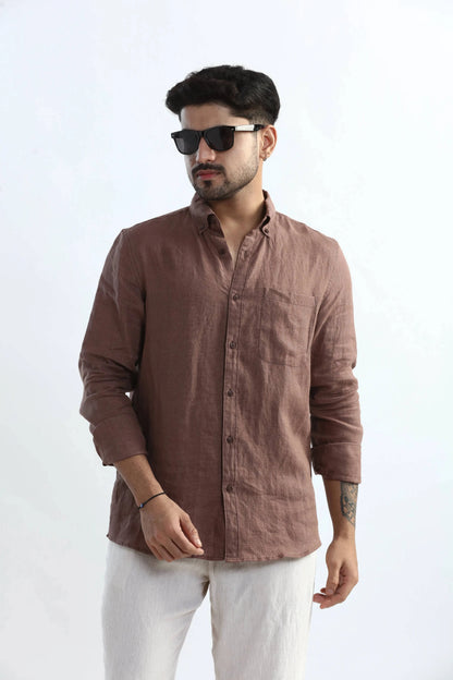 Xkind Brown 100% Pure Linen Mocha Mouse Button Down Casual Shirt - Distacart