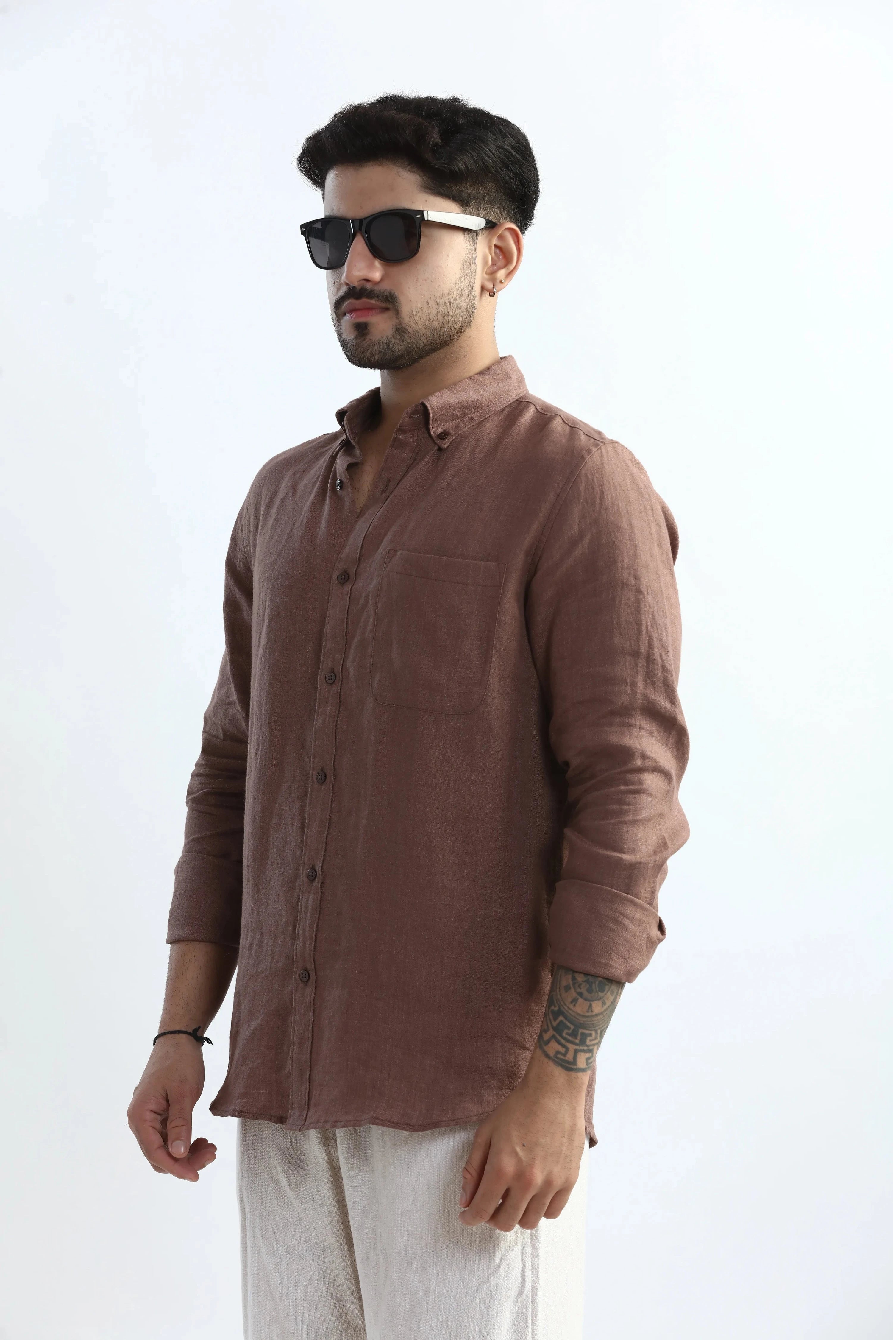 Xkind Brown 100% Pure Linen Mocha Mouse Button Down Casual Shirt