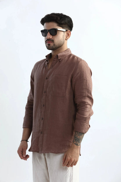 Xkind Brown 100% Pure Linen Mocha Mouse Button Down Casual Shirt - Distacart