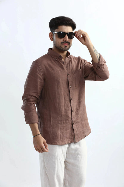 Xkind Brown 100% Pure Linen Mocha Mouse Button Down Casual Shirt - Distacart