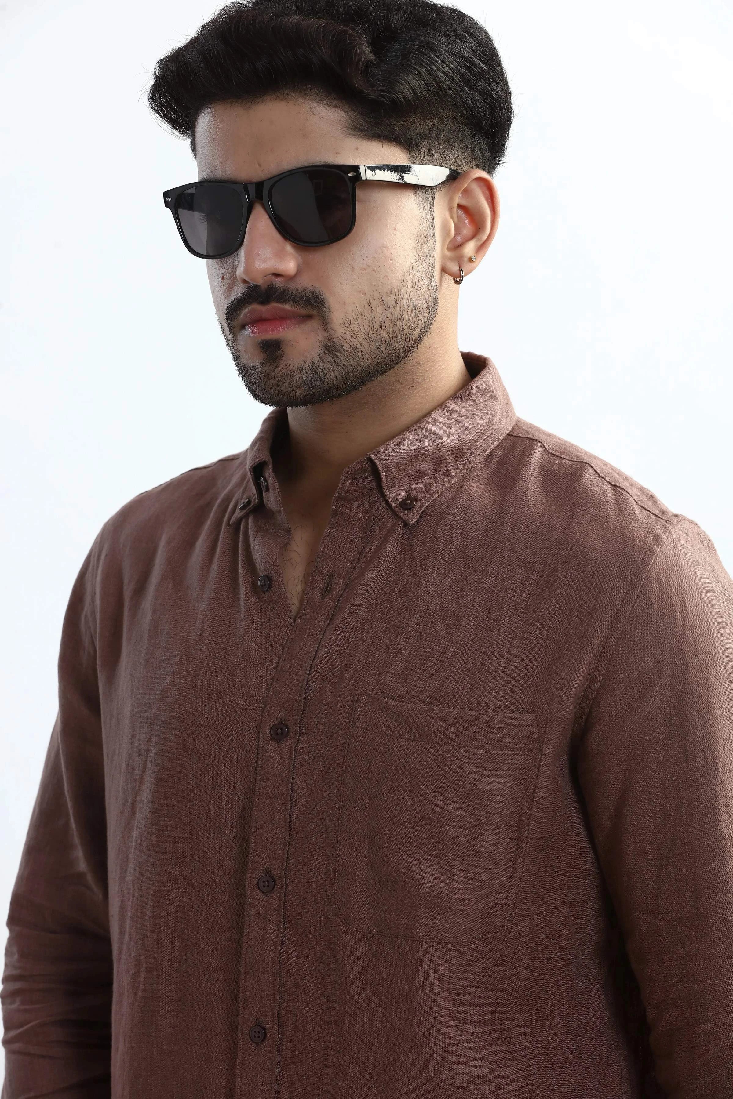Xkind Brown 100% Pure Linen Mocha Mouse Button Down Casual Shirt