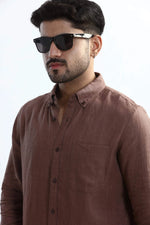 Thumbnail for Xkind Brown 100% Pure Linen Mocha Mouse Button Down Casual Shirt
