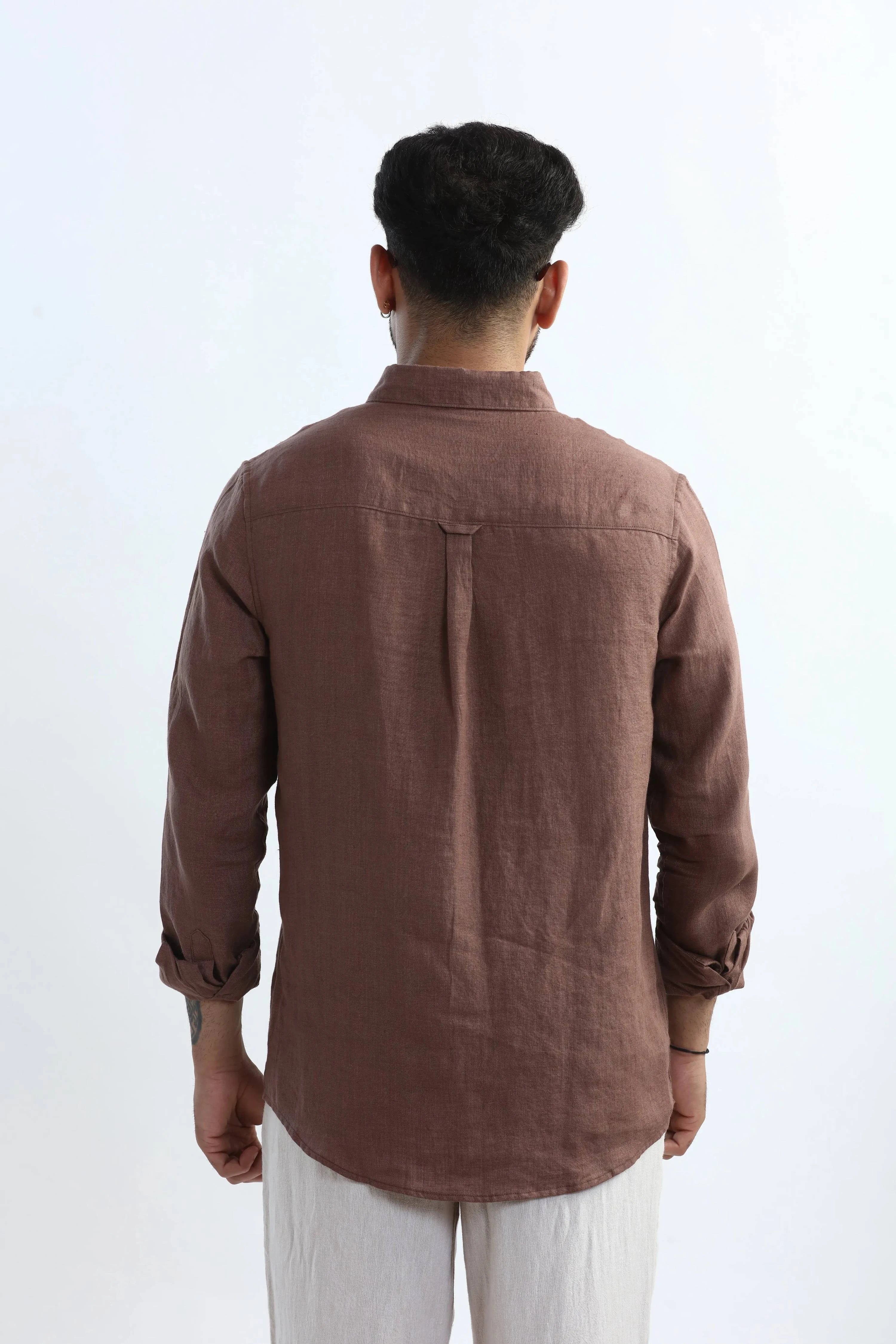 Xkind Brown 100% Pure Linen Mocha Mouse Button Down Casual Shirt