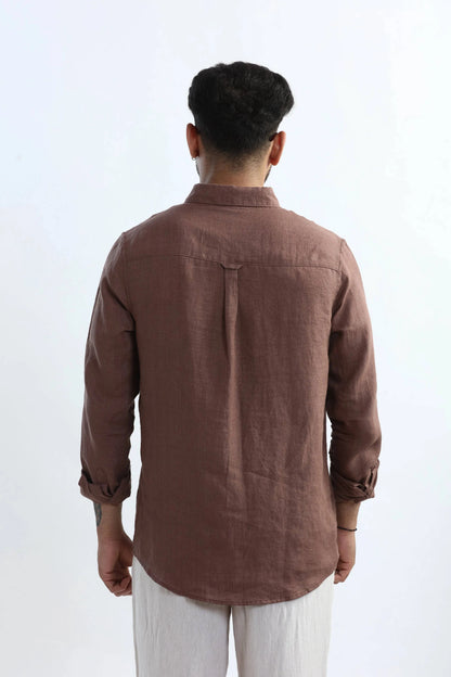 Xkind Brown 100% Pure Linen Mocha Mouse Button Down Casual Shirt - Distacart
