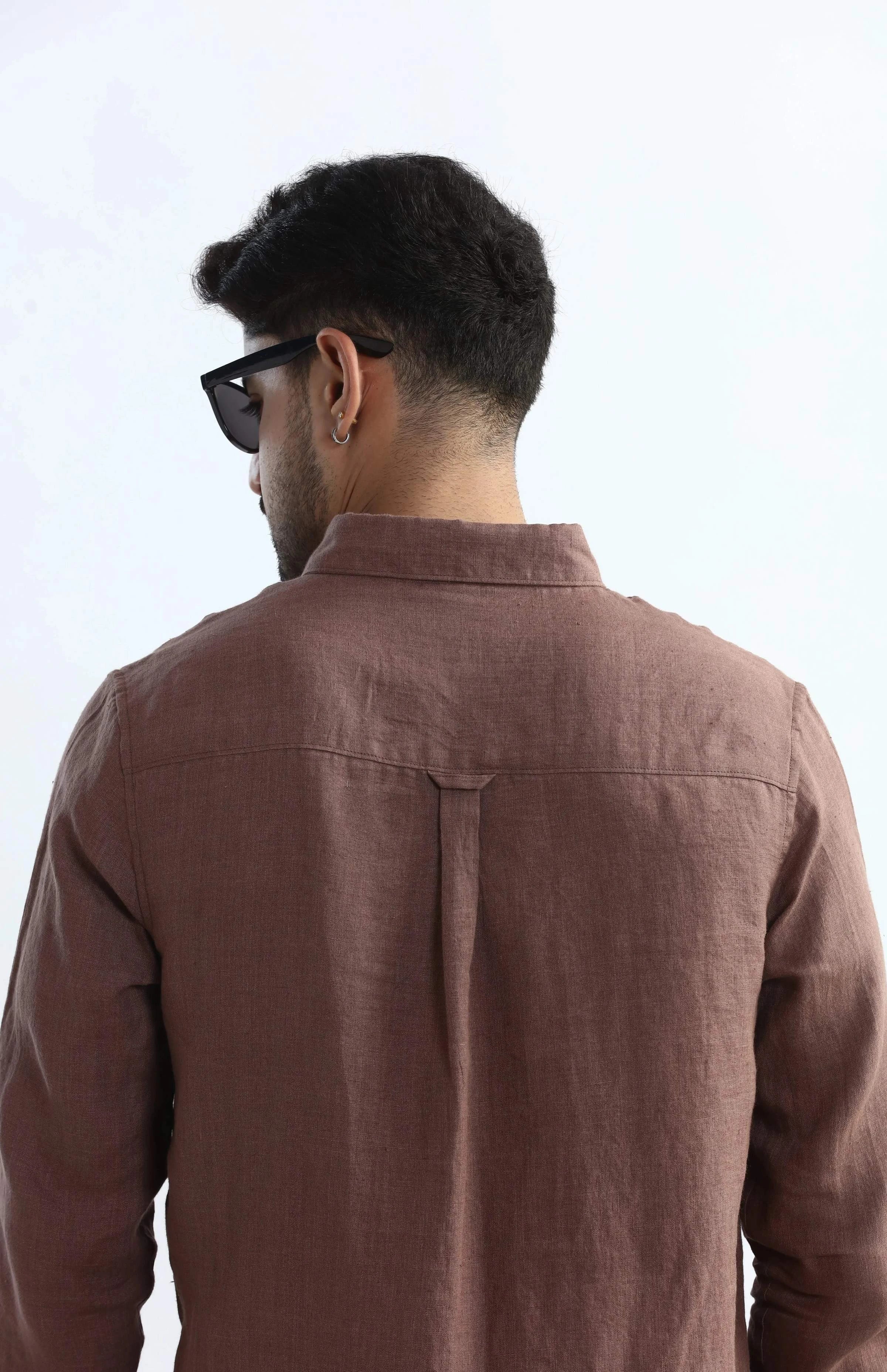 Xkind Brown 100% Pure Linen Mocha Mouse Button Down Casual Shirt