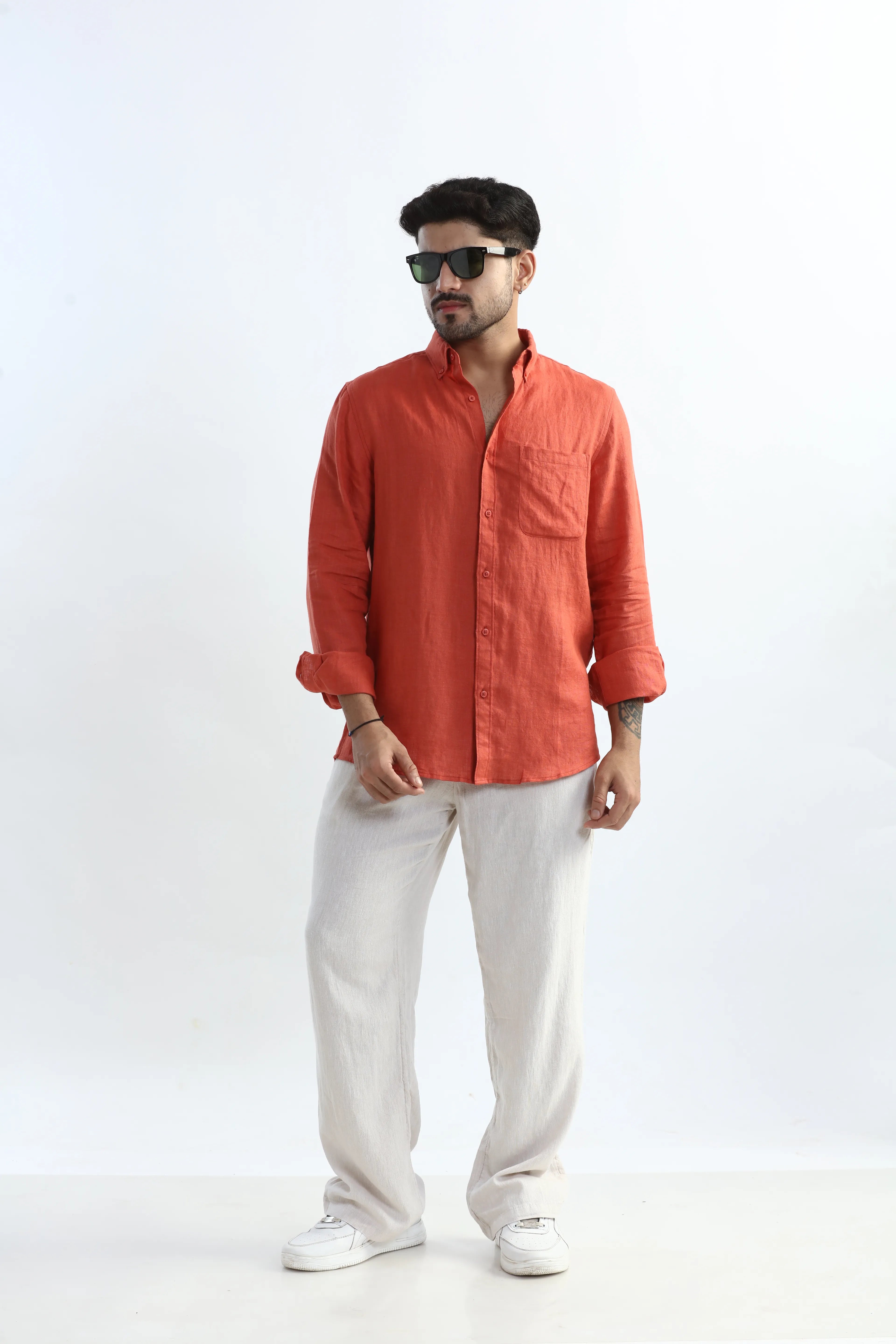 Xkind 100% Pure Linen Rustic Red Button Down Casual Shirt