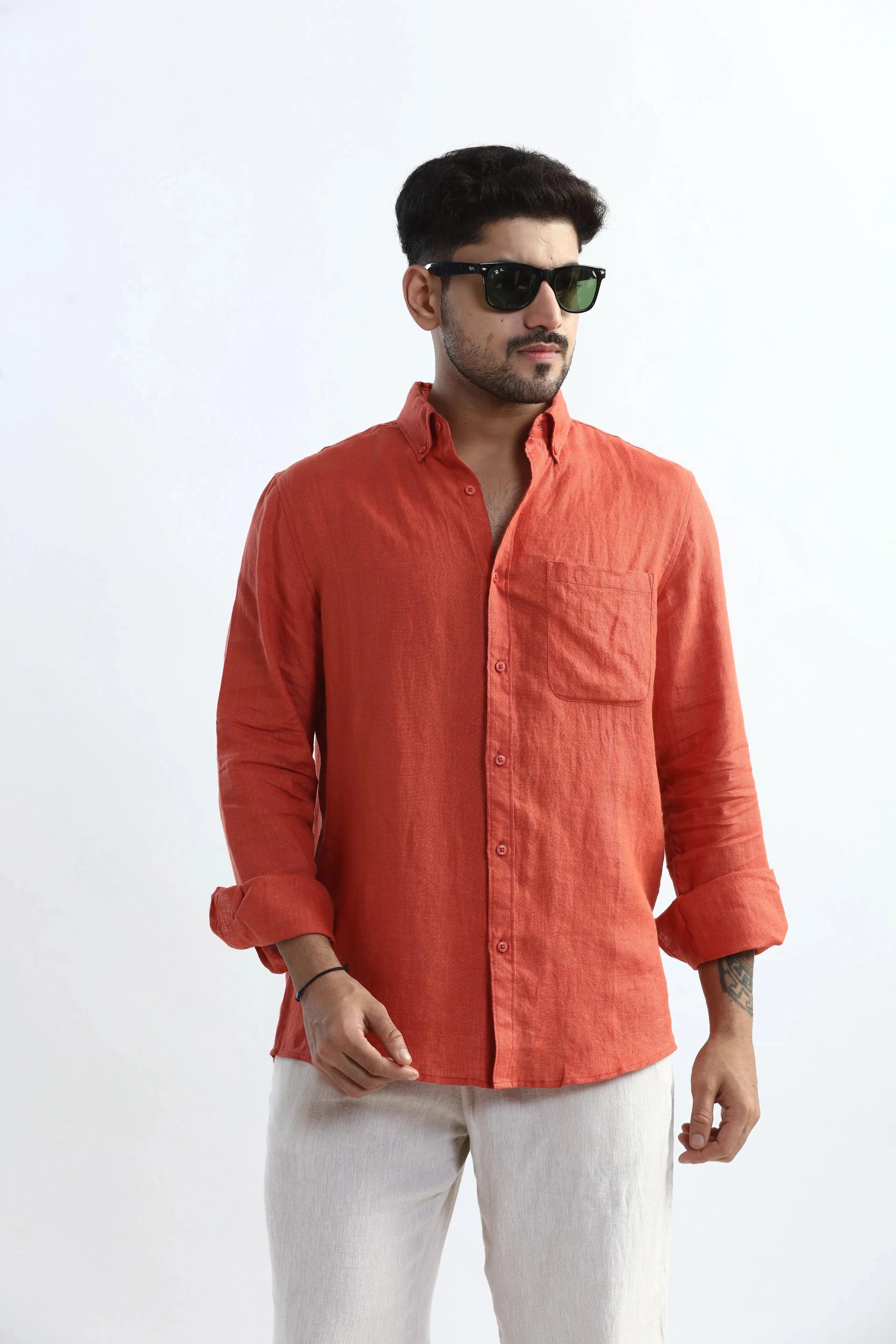 Xkind 100% Pure Linen Rustic Red Button Down Casual Shirt