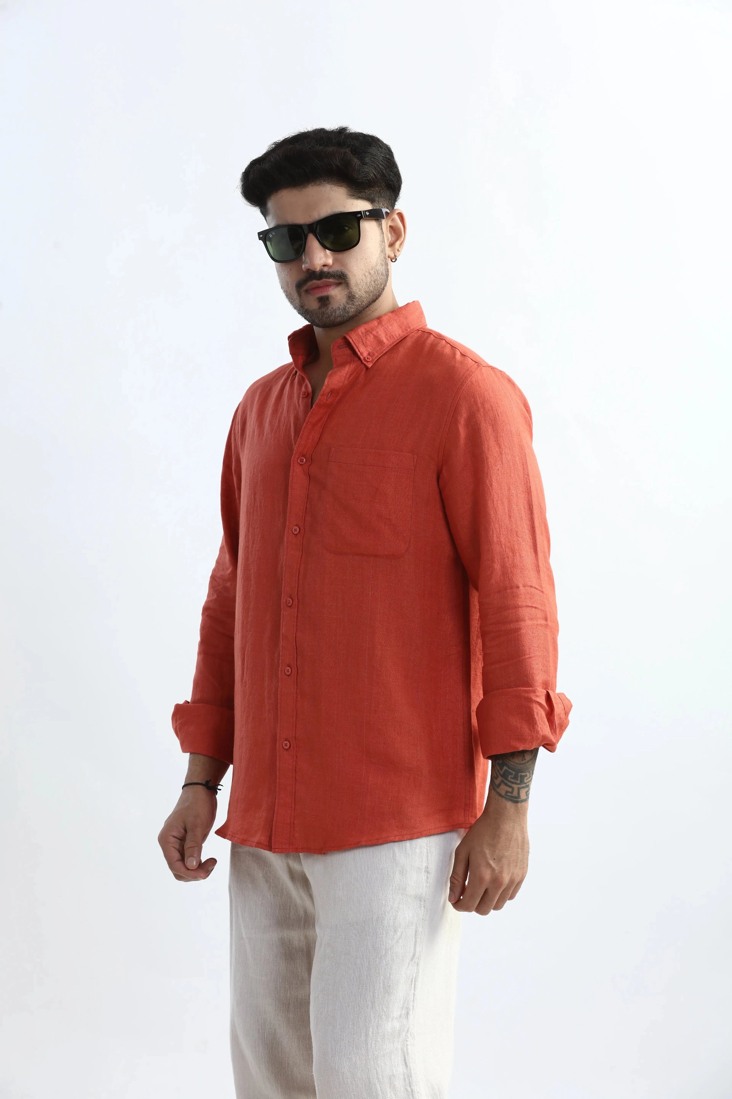 Xkind 100% Pure Linen Rustic Red Button Down Casual Shirt