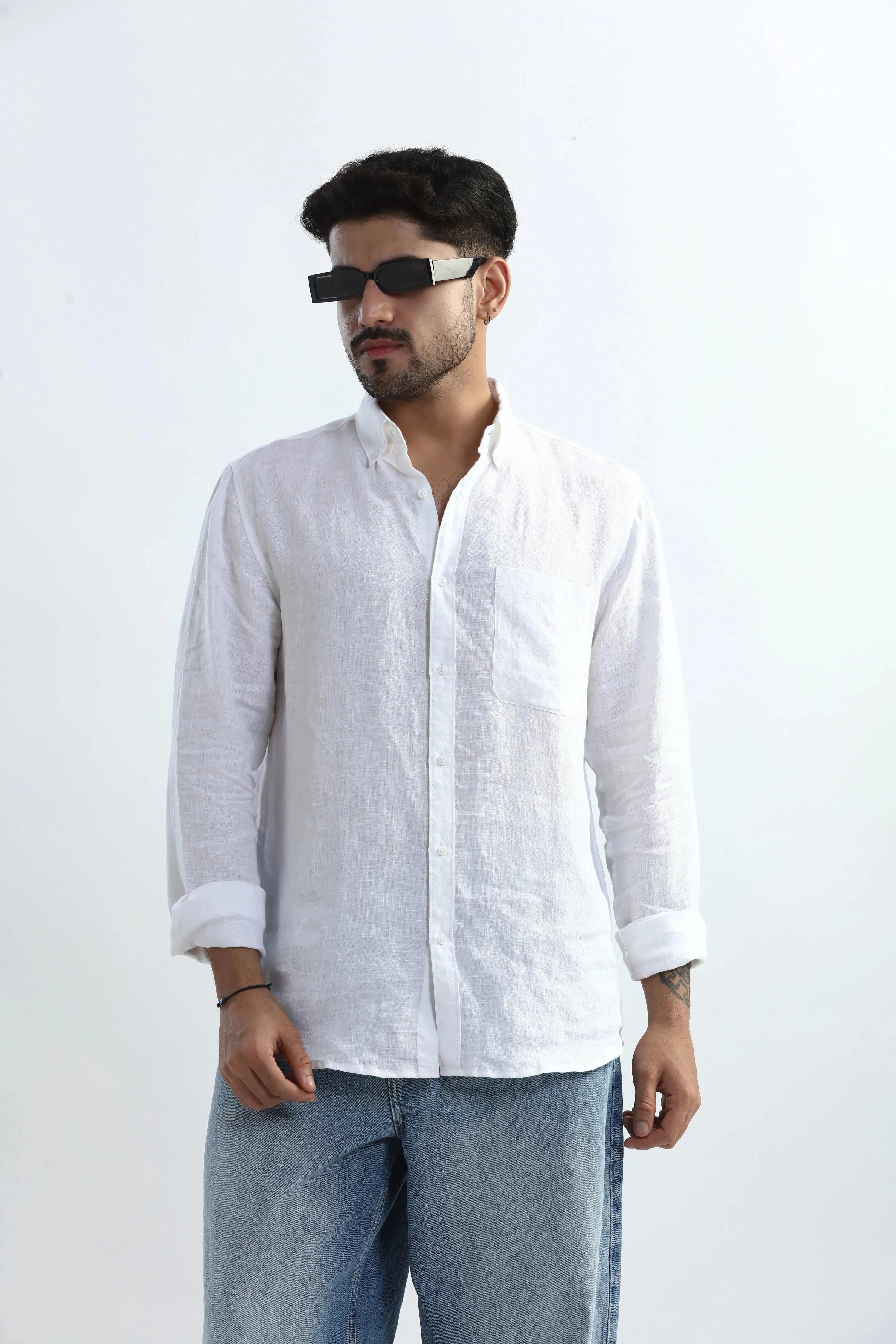 Xkind 100% Pure Linen White Button Down Casual Shirt