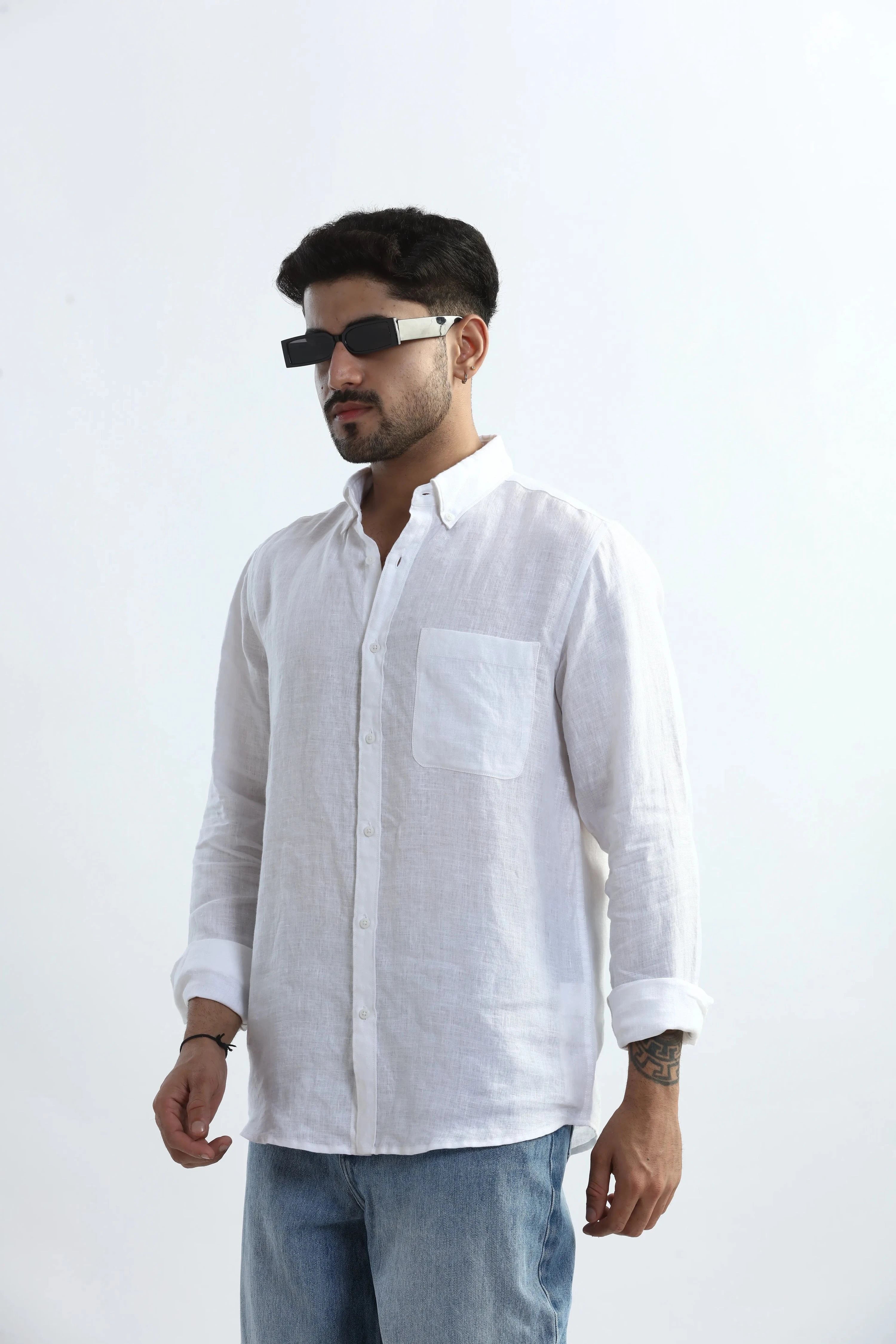 Xkind 100% Pure Linen White Button Down Casual Shirt