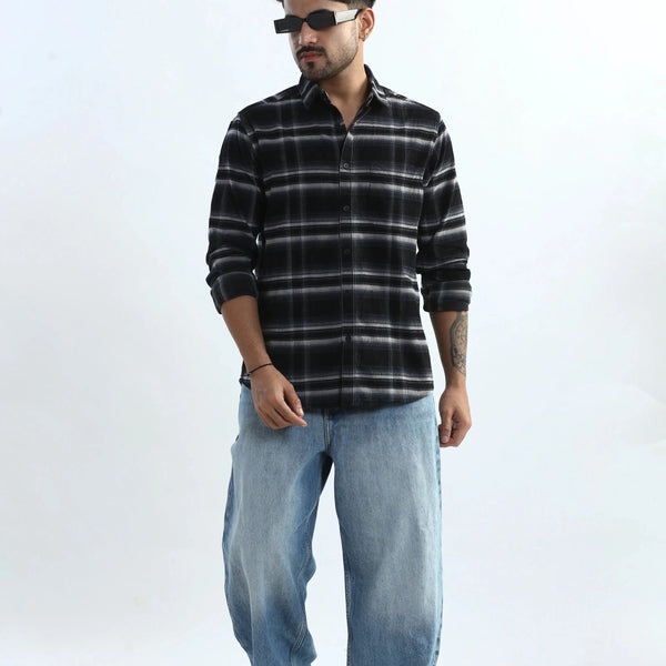 Xkind Black Fine Corduroy Checks Regular Fit Shirt