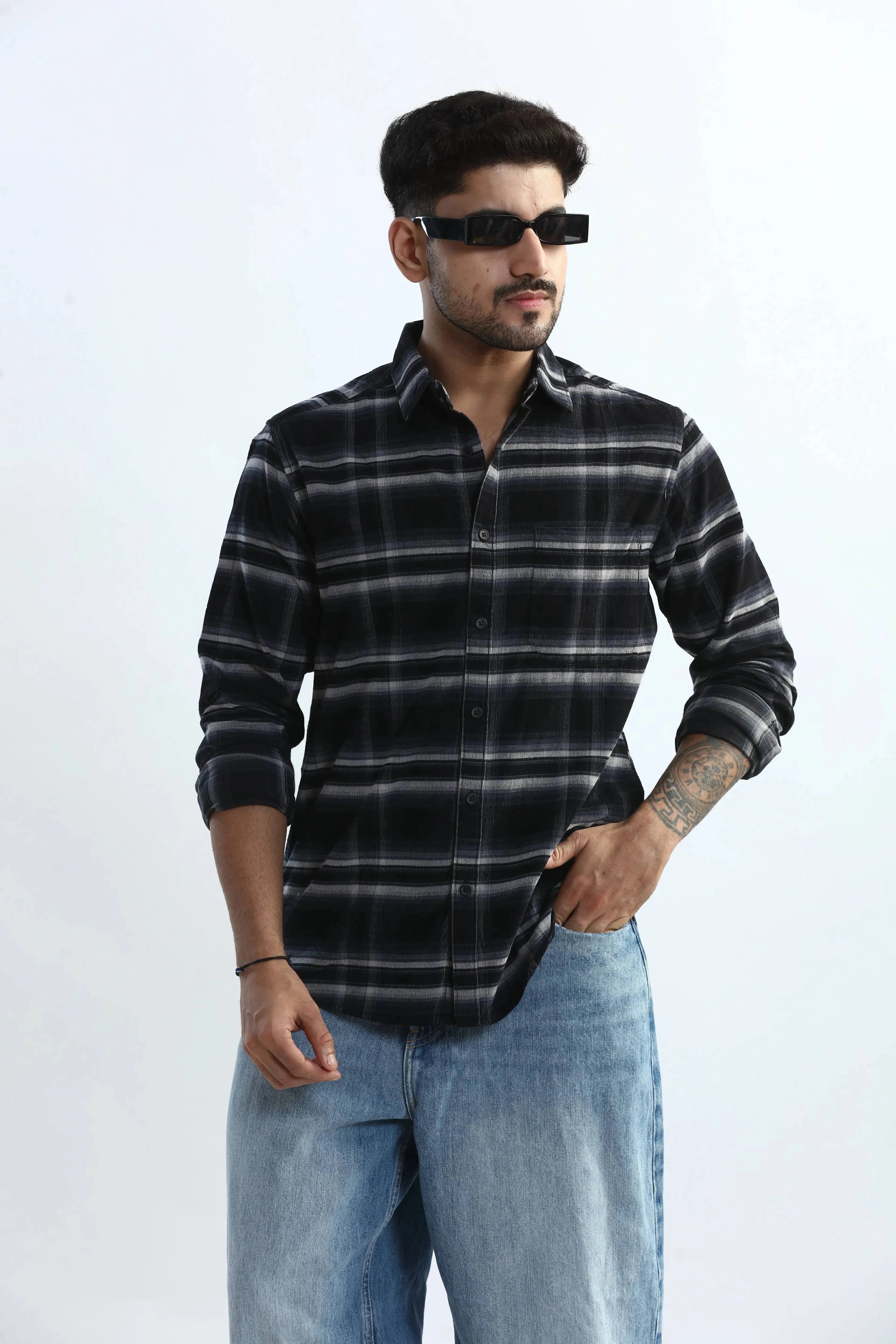 Xkind Black Fine Corduroy Checks Regular Fit Shirt