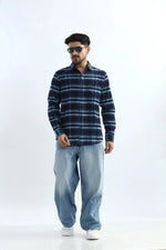 Thumbnail for Xkind Men's Navy Blue Fine Corduroy Checks Regular Fit Shirt
