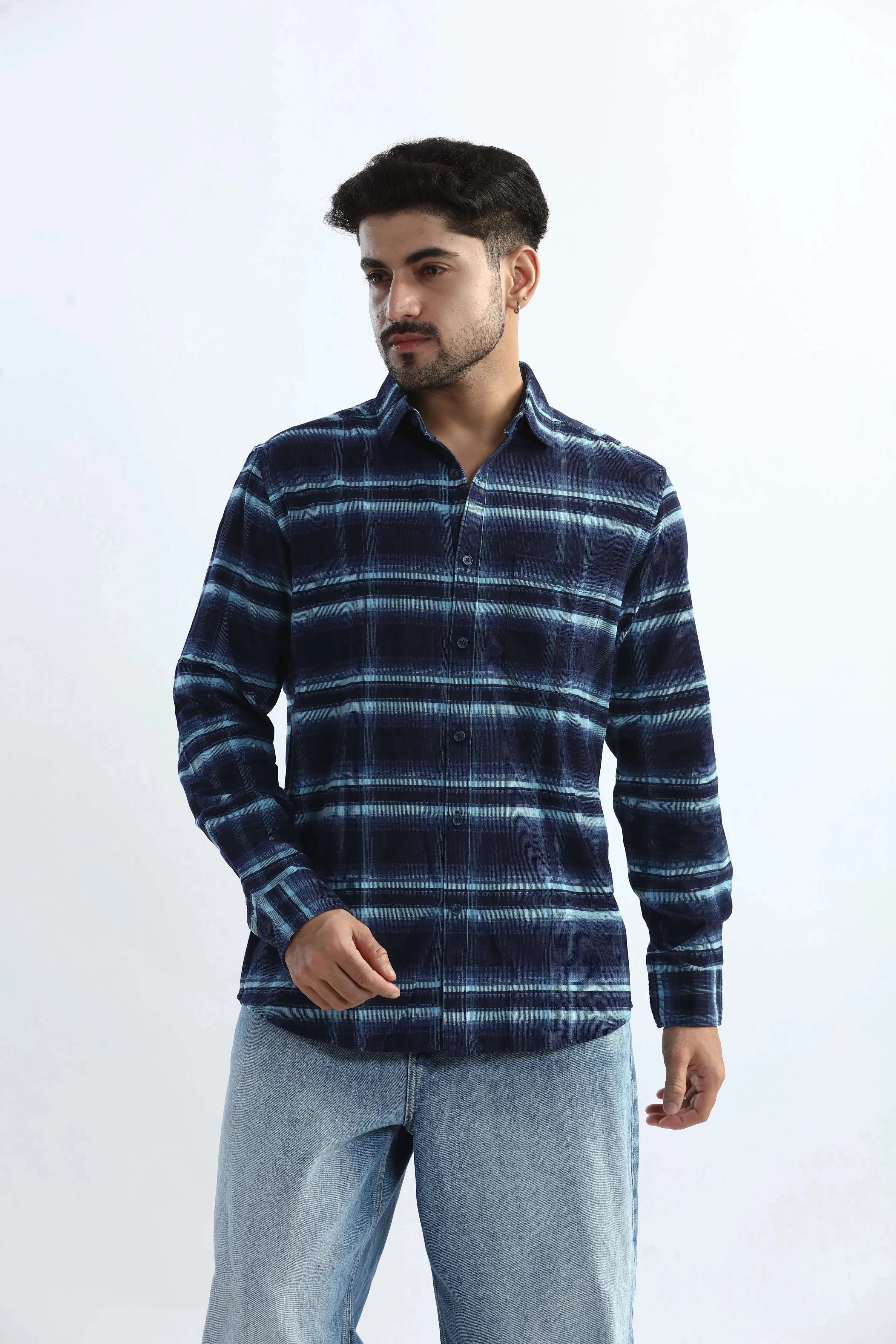 Xkind Men's Navy Blue Fine Corduroy Checks Regular Fit Shirt