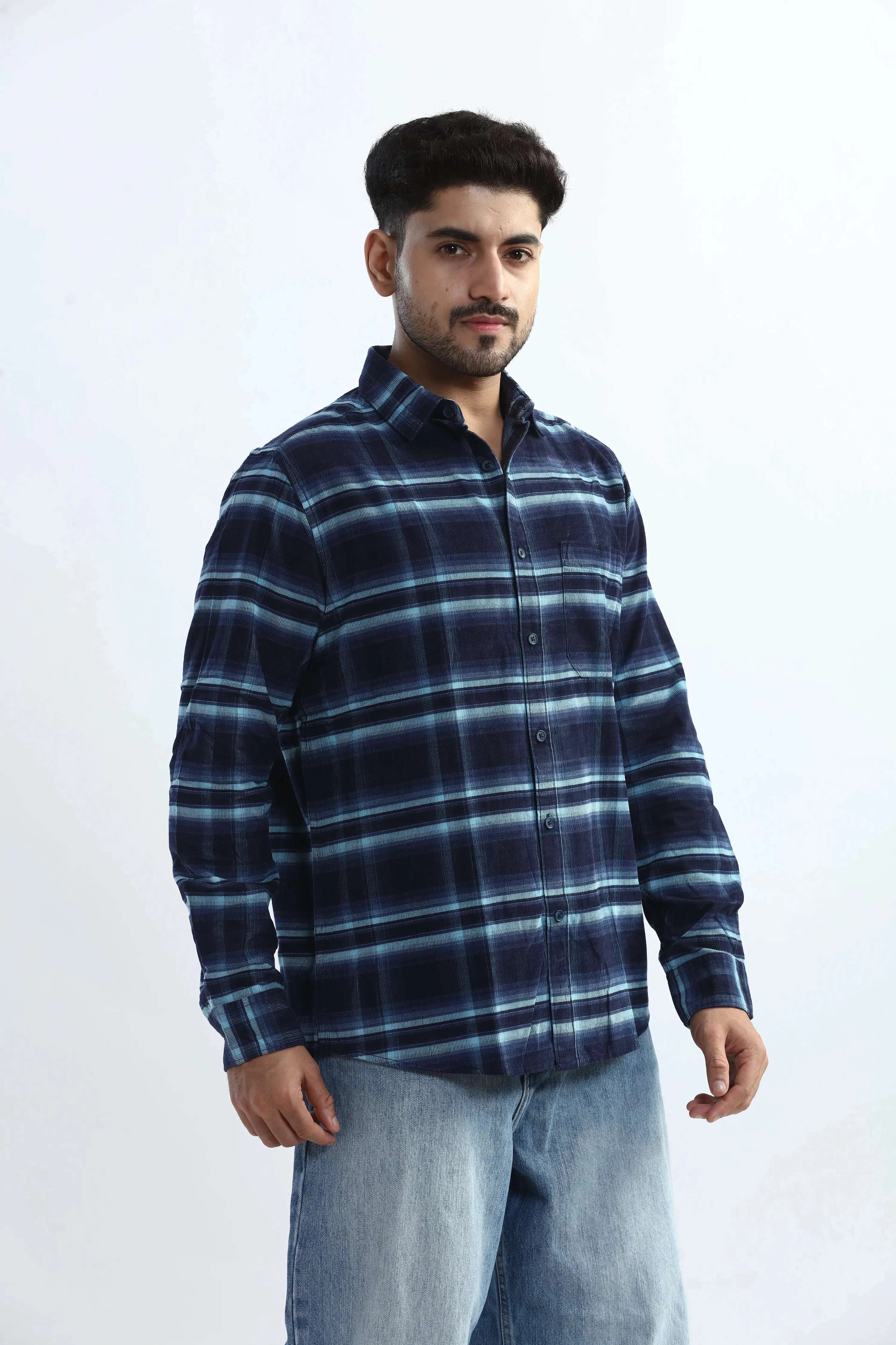 Xkind Men's Navy Blue Fine Corduroy Checks Regular Fit Shirt