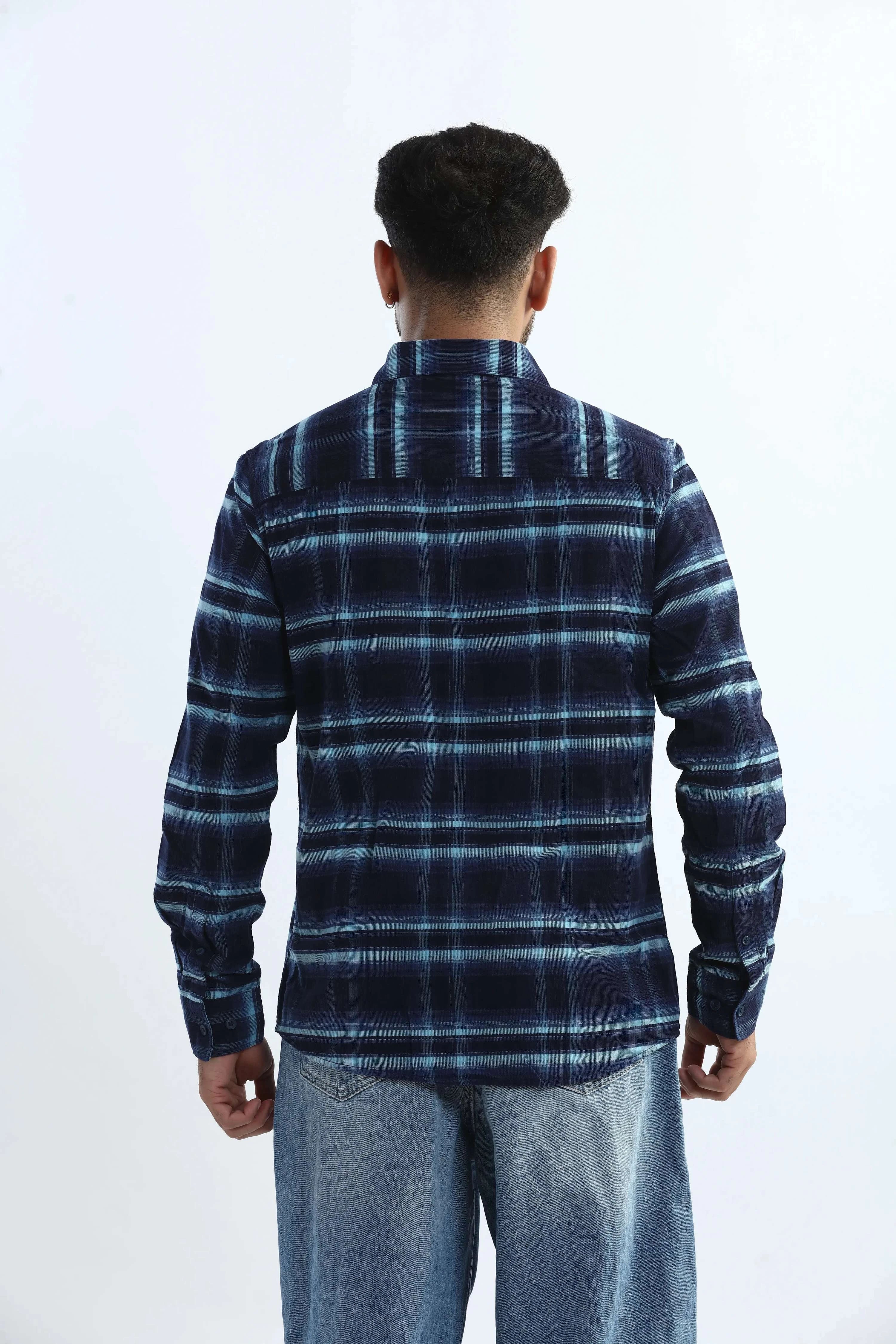 Xkind Men's Navy Blue Fine Corduroy Checks Regular Fit Shirt