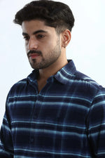 Thumbnail for Xkind Men's Navy Blue Fine Corduroy Checks Regular Fit Shirt