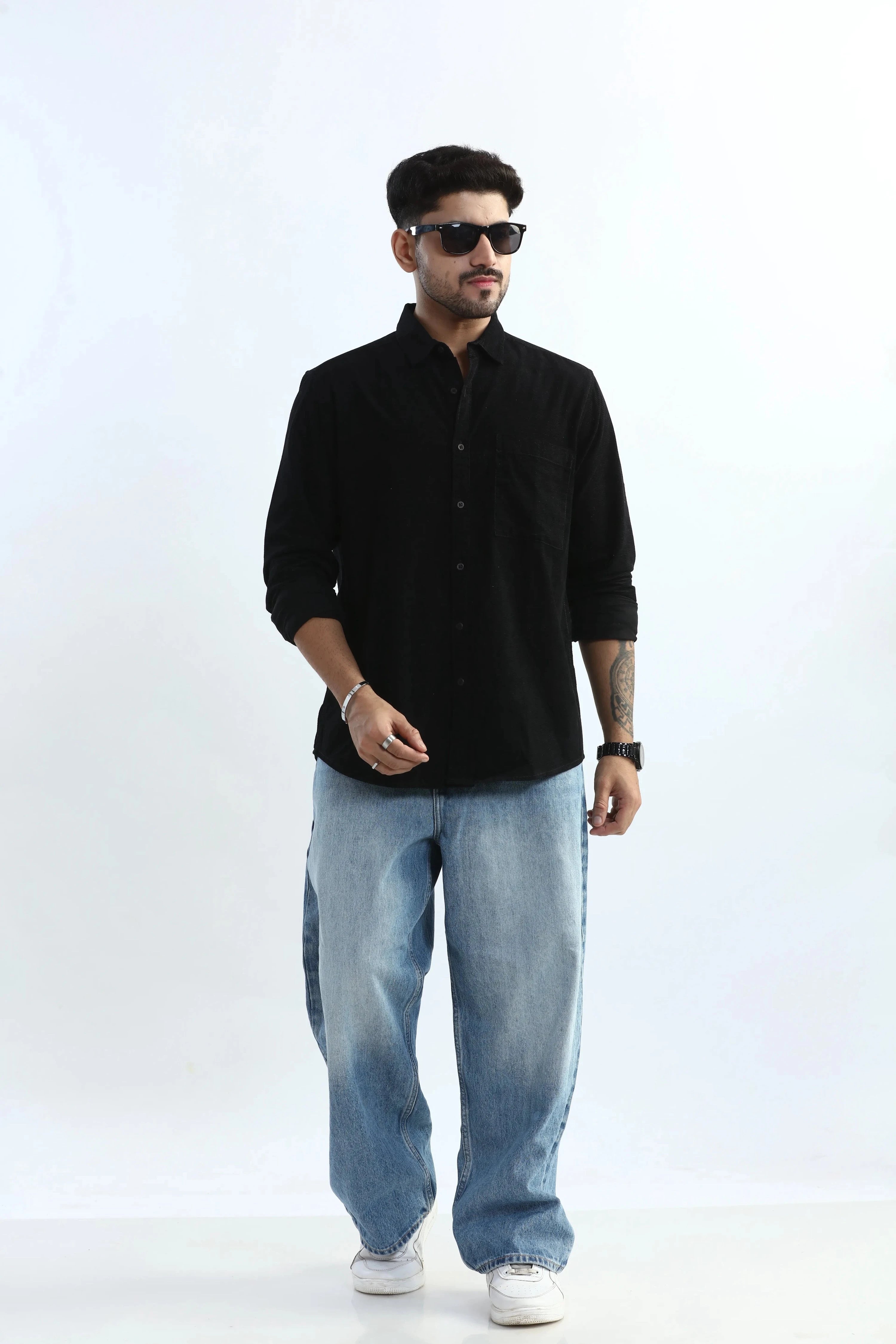 Xkind Men's Black Fine Corduroy Regular Fit Shirt