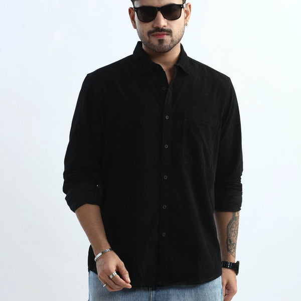 Xkind Men's Black Fine Corduroy Regular Fit Shirt