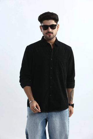 Xkind Men's Black Fine Corduroy Regular Fit Shirt