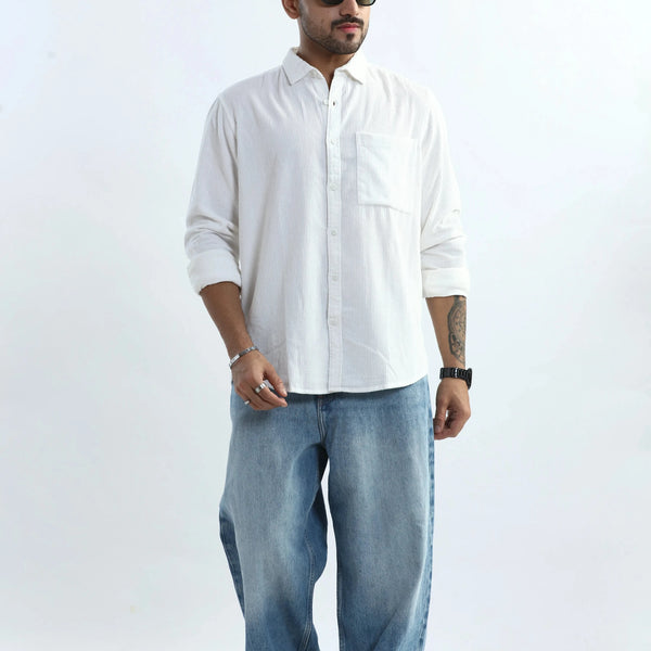 Xkind Men's White Corduroy Regular Fit Shirt