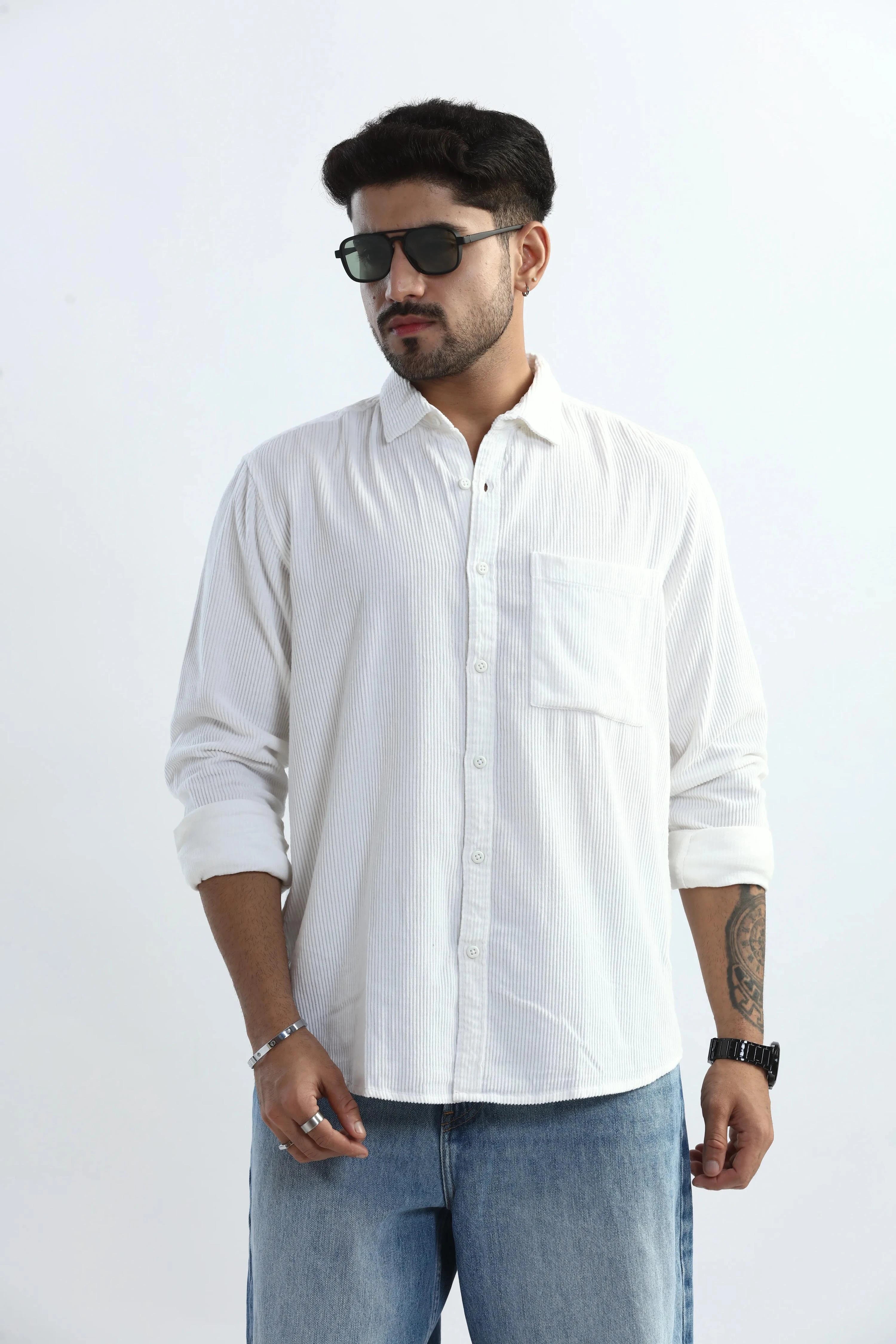 Xkind Men's White Corduroy Regular Fit Shirt