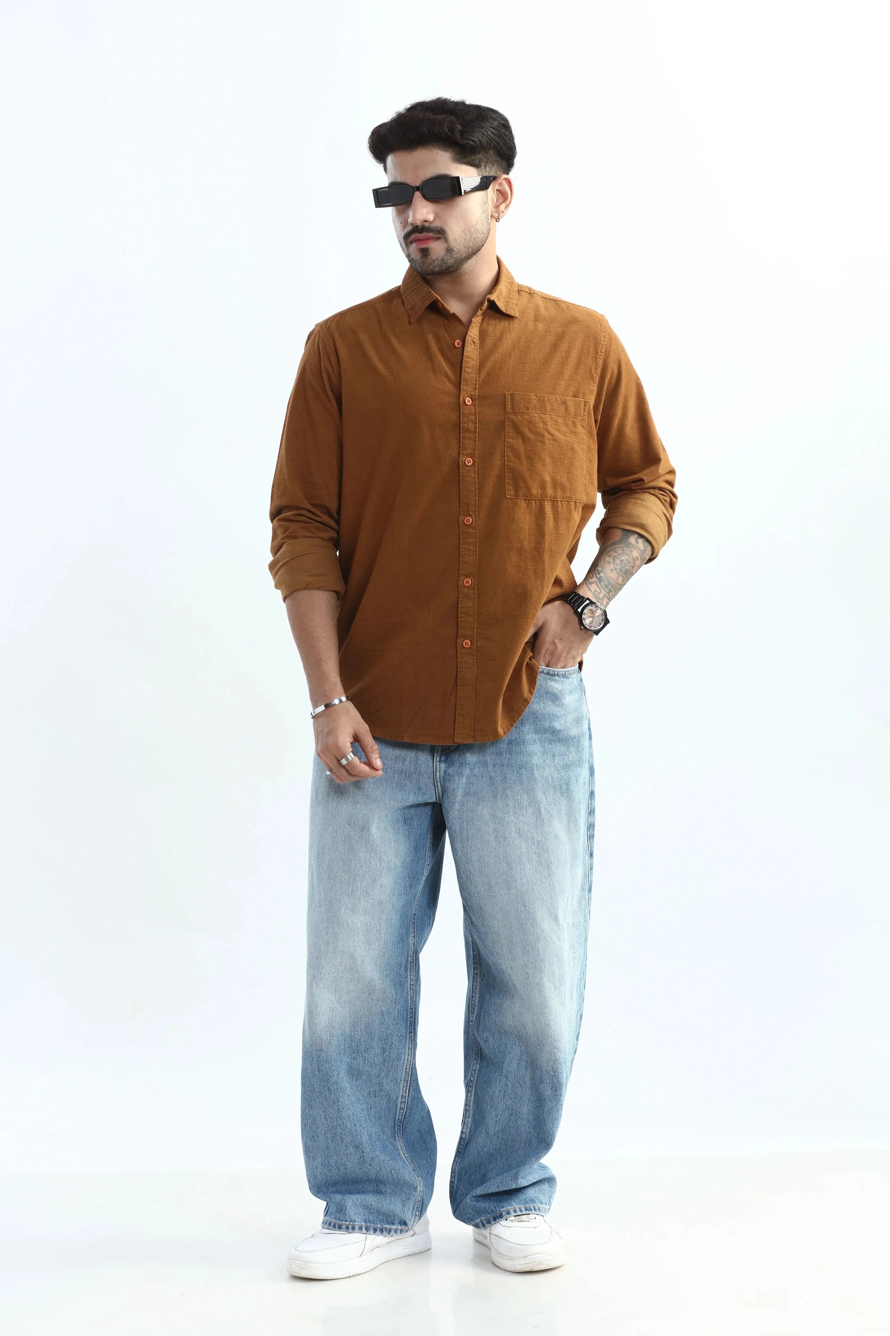 Xkind Men's Mustard Fine Corduroy Regular Fit Shirt