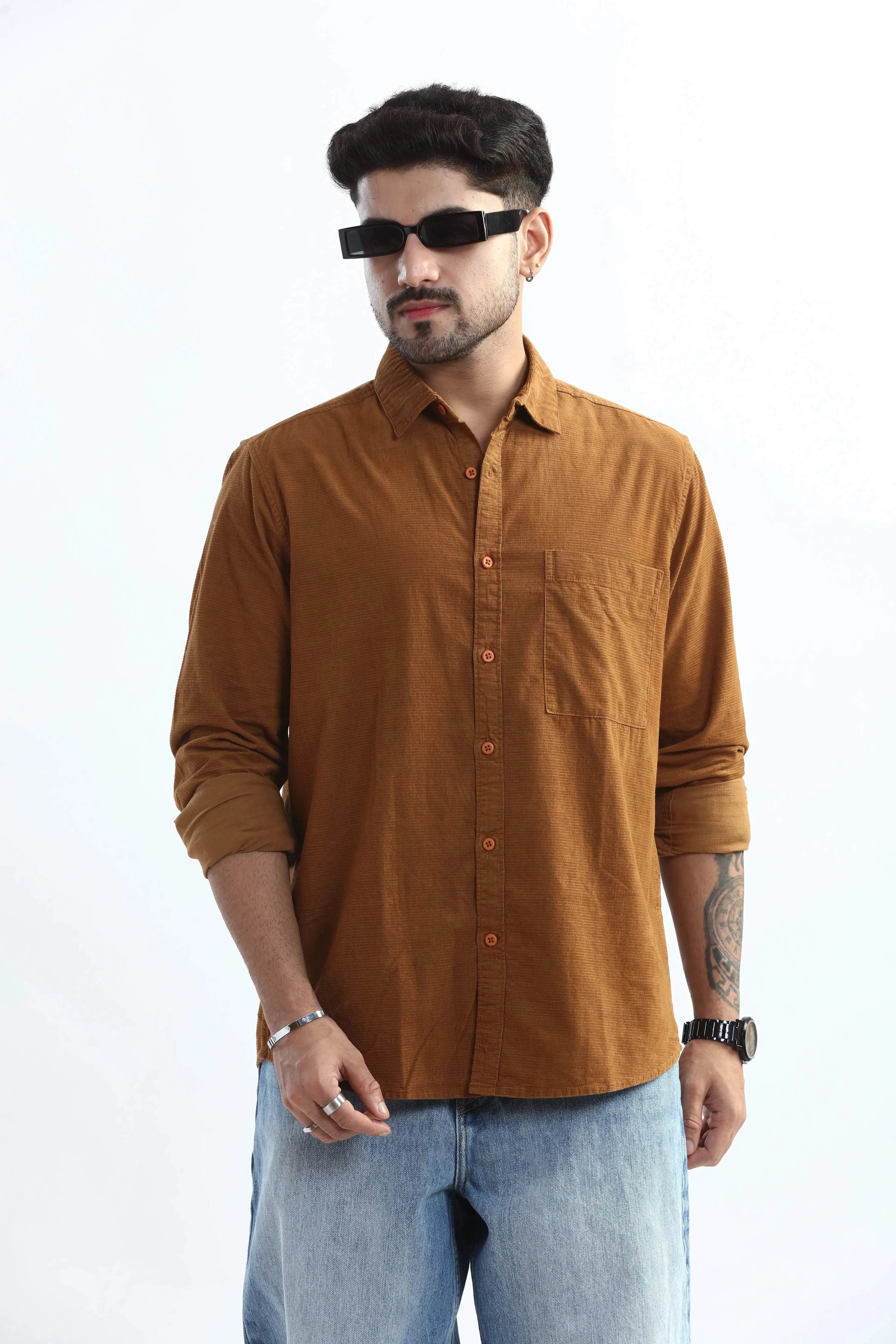Xkind Men's Mustard Fine Corduroy Regular Fit Shirt