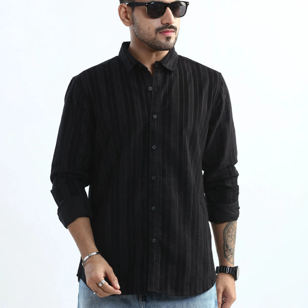 Xkind Men's Black Corduroy Suede Striped Slim Fit Shirt