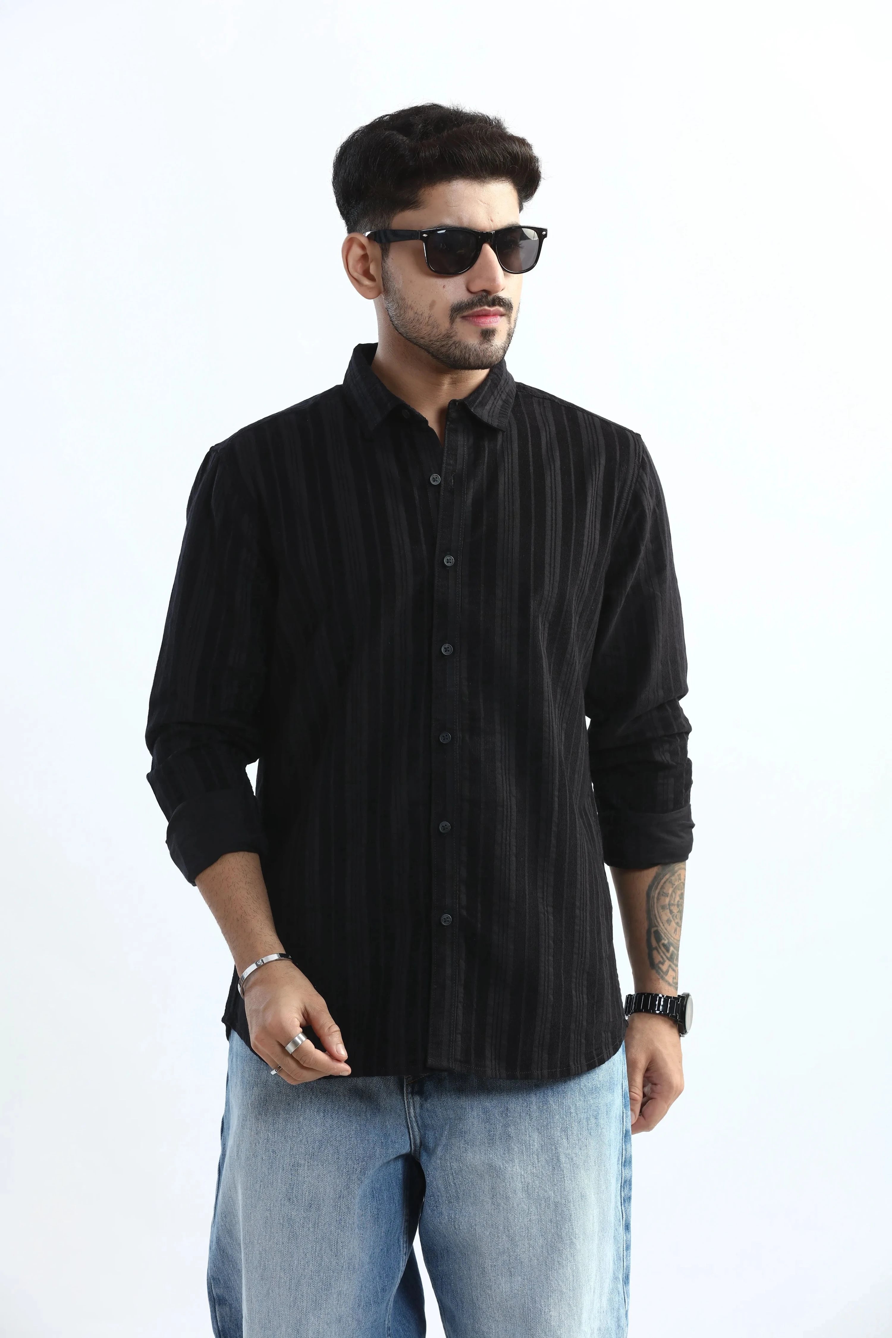 Xkind Men's Black Corduroy Suede Striped Slim Fit Shirt - Distacart