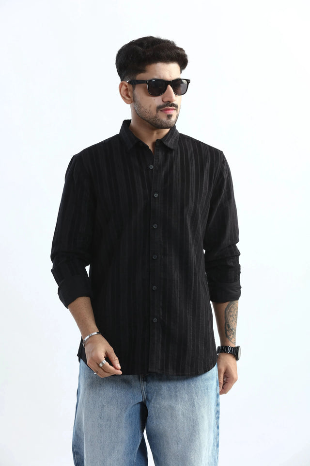 Buy Xkind Men's Black Corduroy Suede Striped Slim Fit Shirt Online
