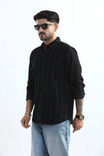 Thumbnail for Xkind Men's Black Corduroy Suede Striped Slim Fit Shirt