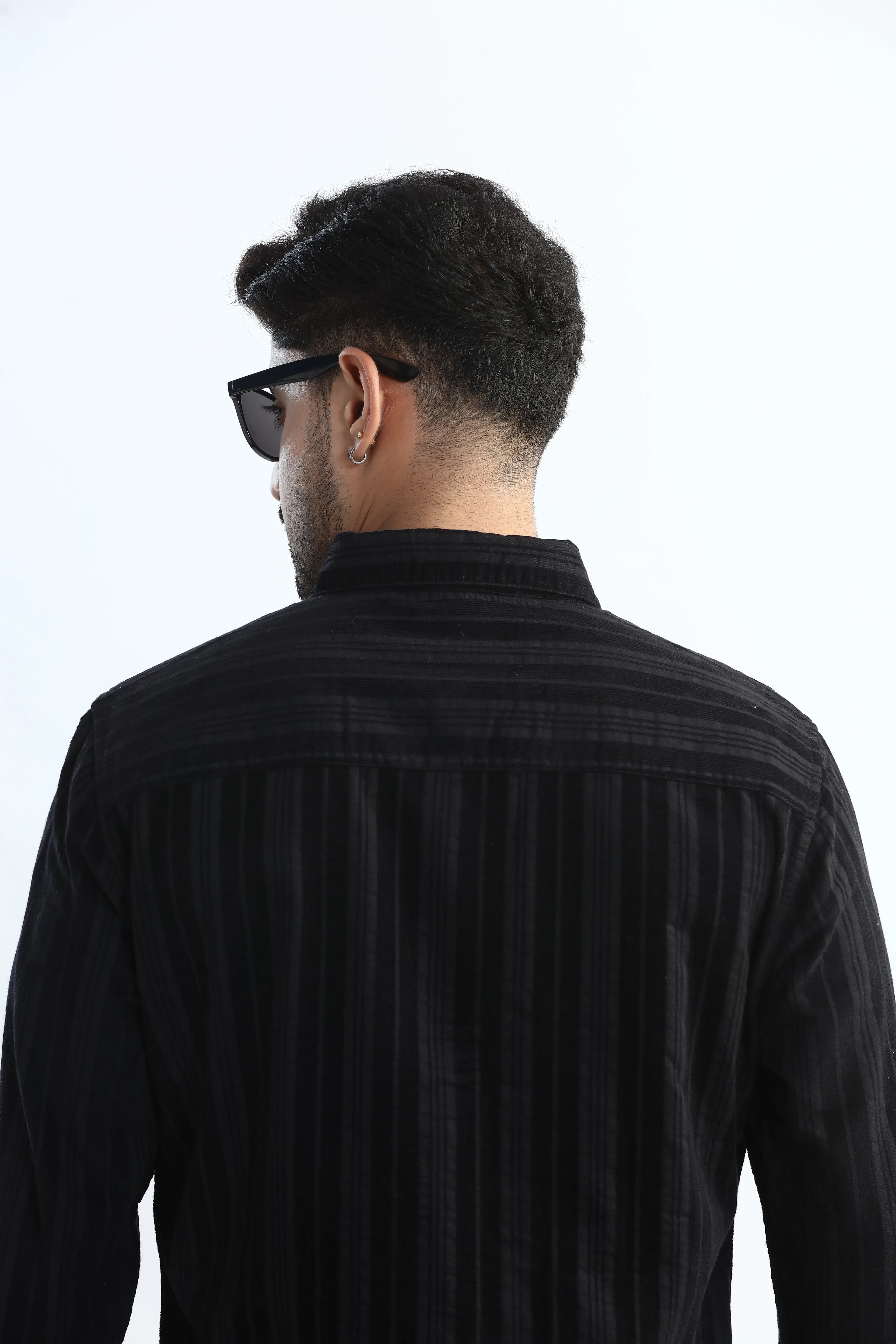 Xkind Men's Black Corduroy Suede Striped Slim Fit Shirt
