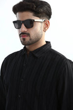 Thumbnail for Xkind Men's Black Corduroy Suede Striped Slim Fit Shirt