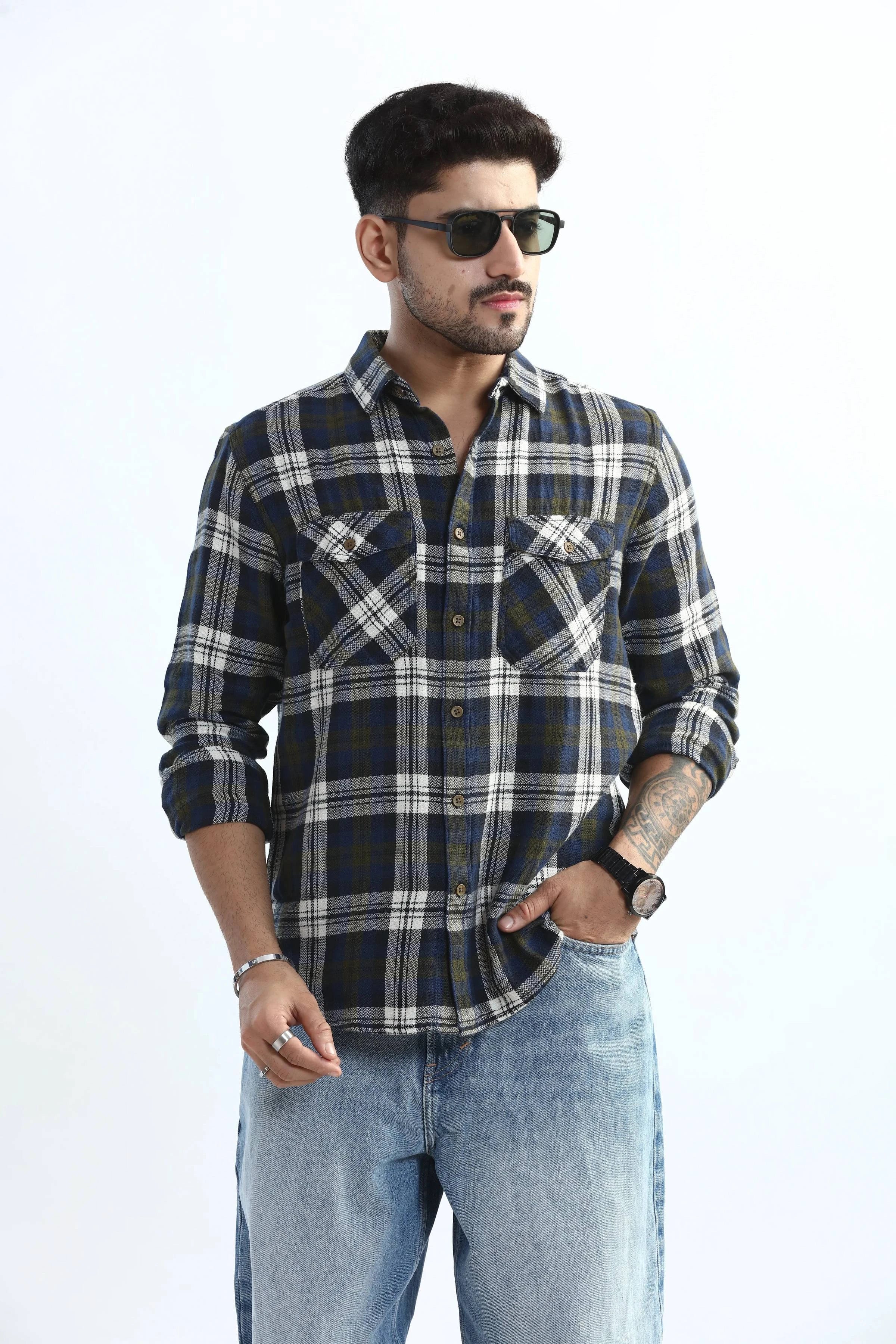 Xkind Men's Navy Blue Textured Checks Regular Fit Shirt