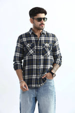 Thumbnail for Xkind Men's Navy Blue Textured Checks Regular Fit Shirt