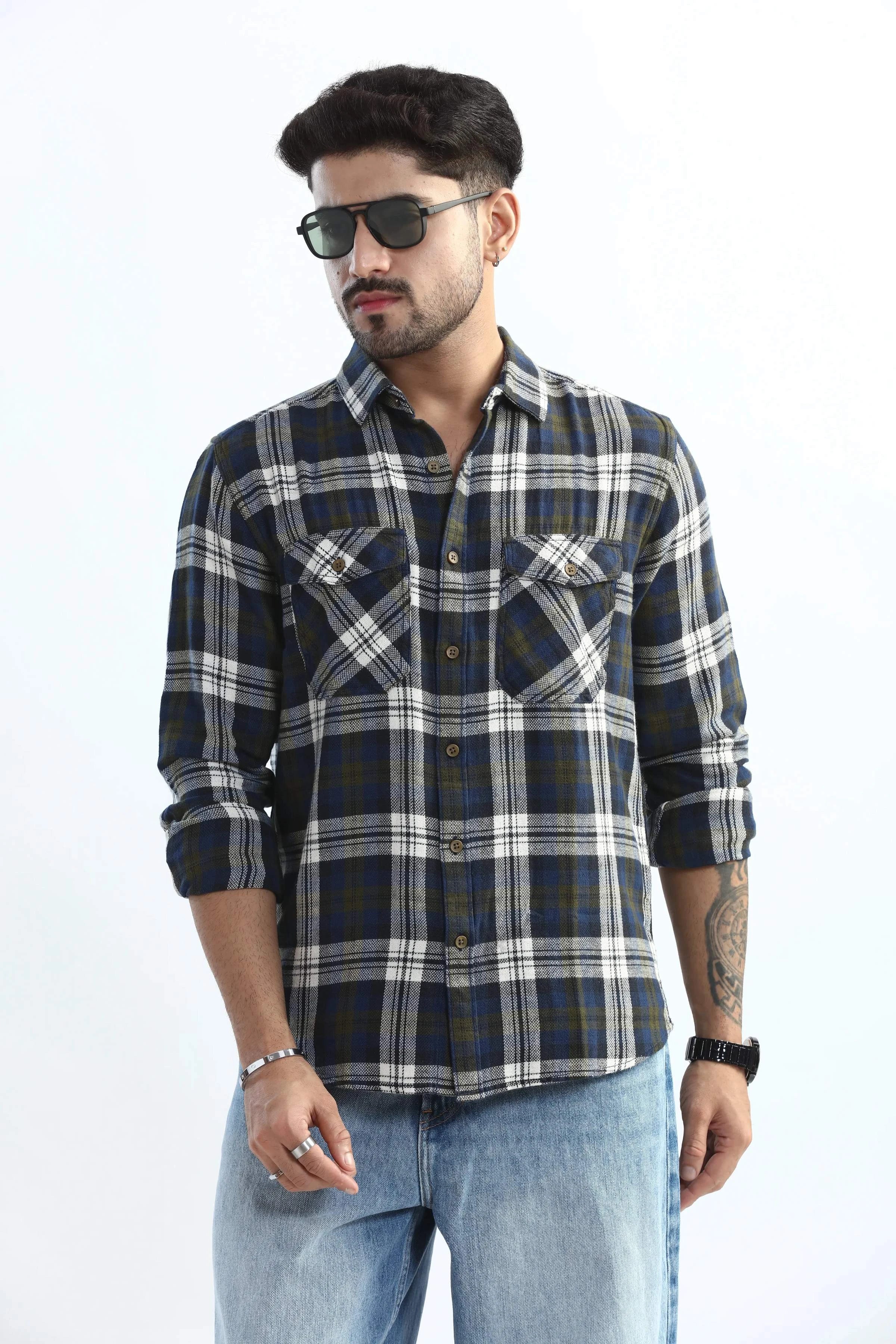 Xkind Men's Navy Blue Textured Checks Regular Fit Shirt