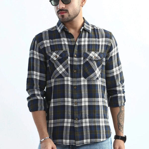 Xkind Men's Navy Blue Textured Checks Regular Fit Shirt