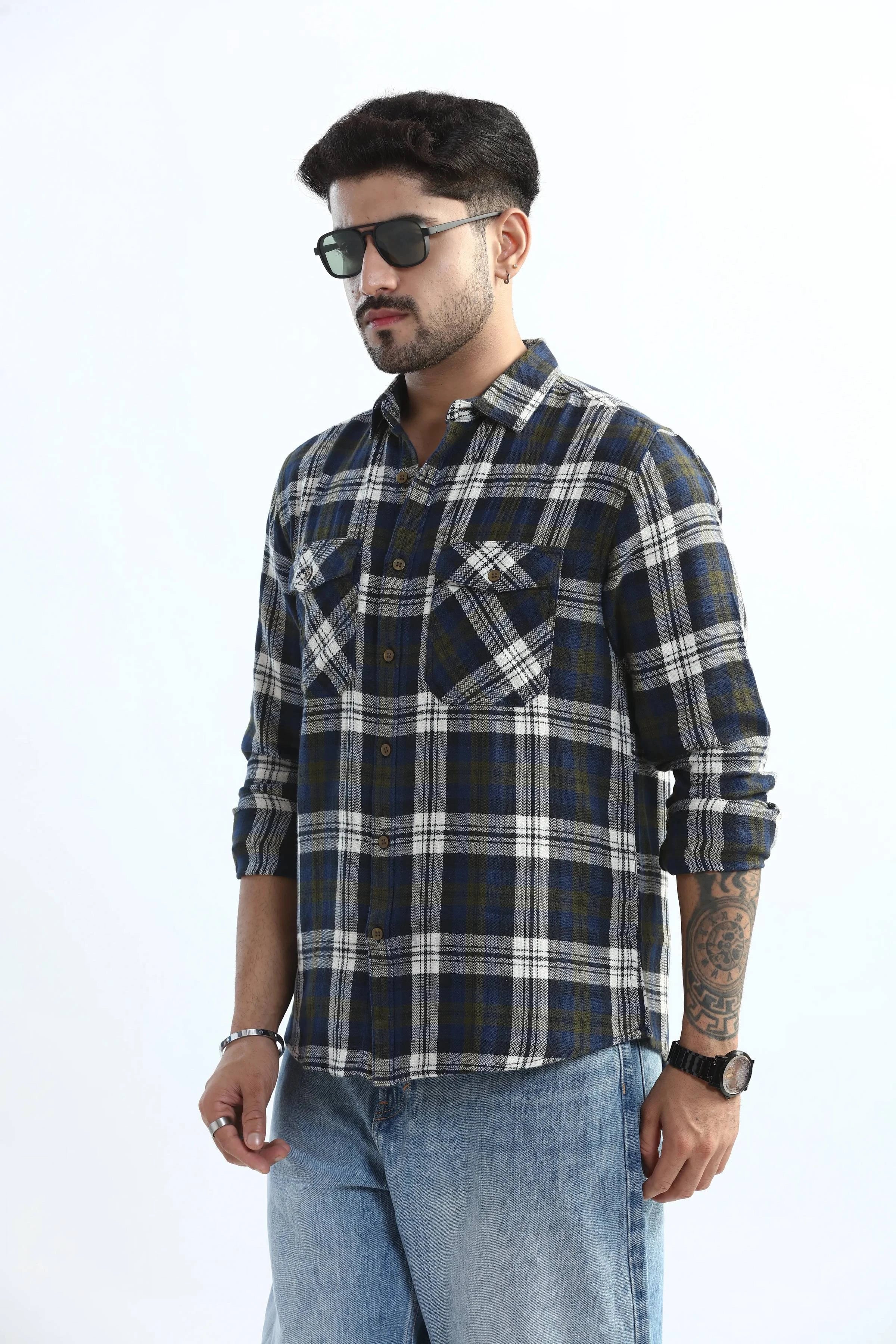 Xkind Men's Navy Blue Textured Checks Regular Fit Shirt