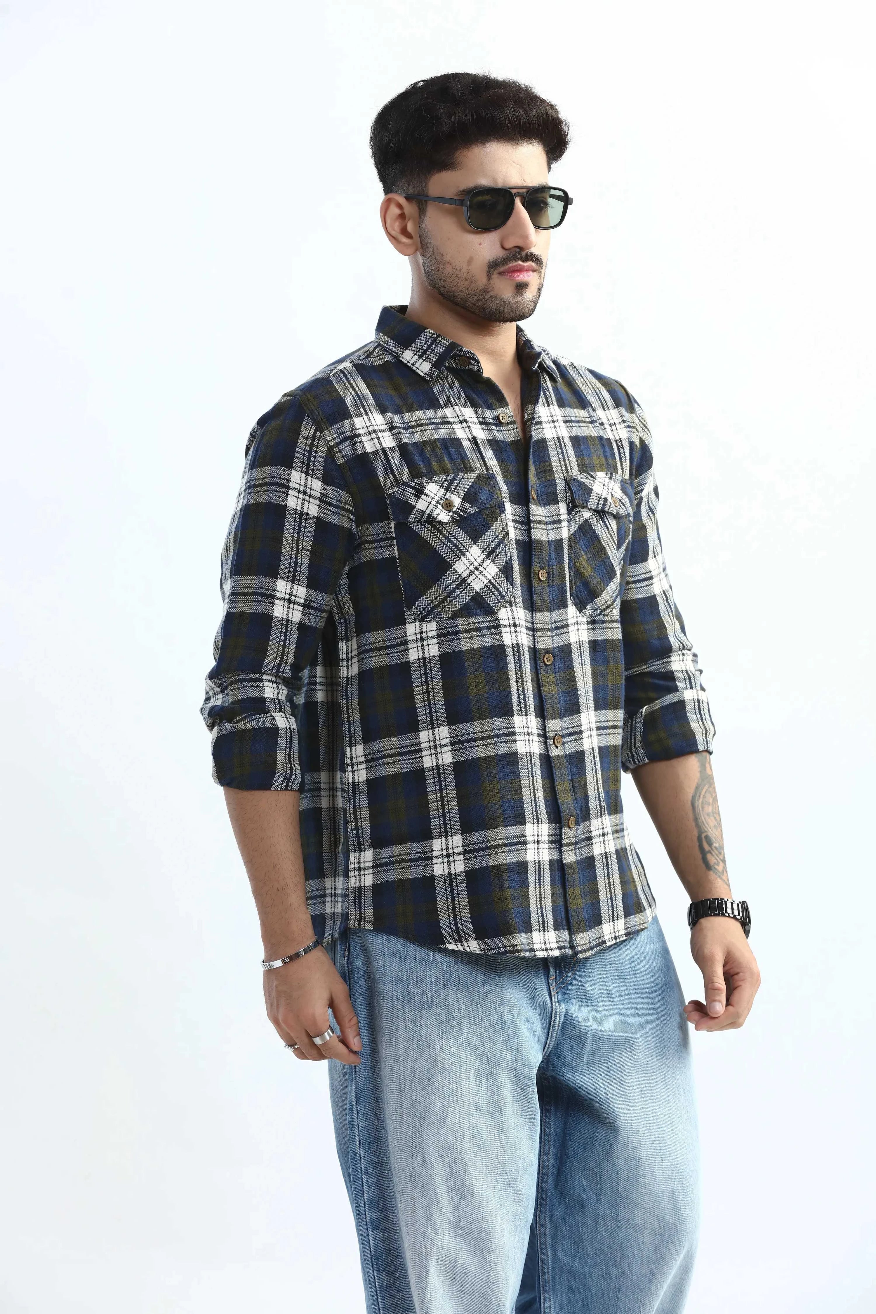Xkind Men's Navy Blue Textured Checks Regular Fit Shirt