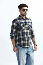 Thumbnail for Xkind Men's Navy Blue Textured Checks Regular Fit Shirt