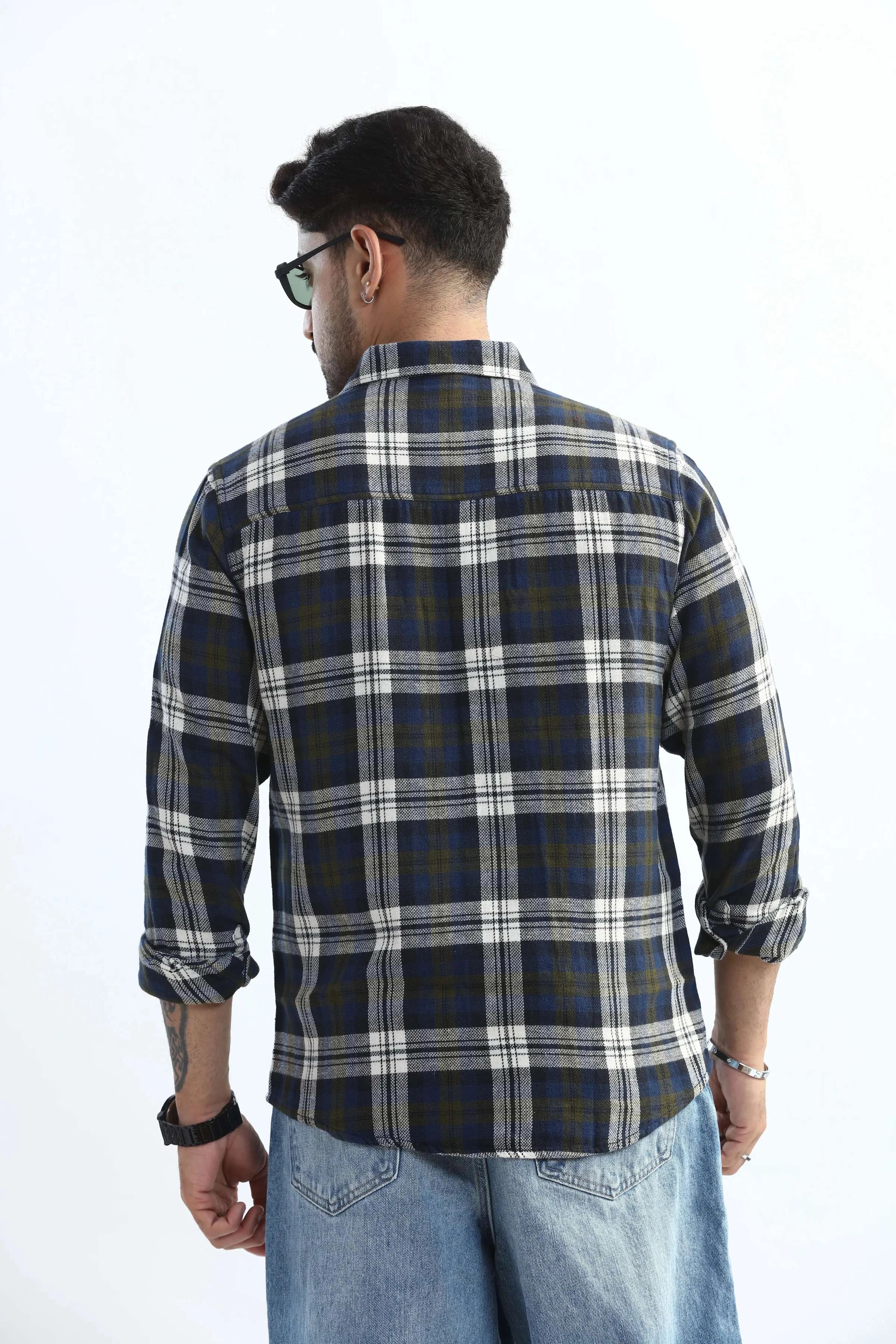 Xkind Men's Navy Blue Textured Checks Regular Fit Shirt