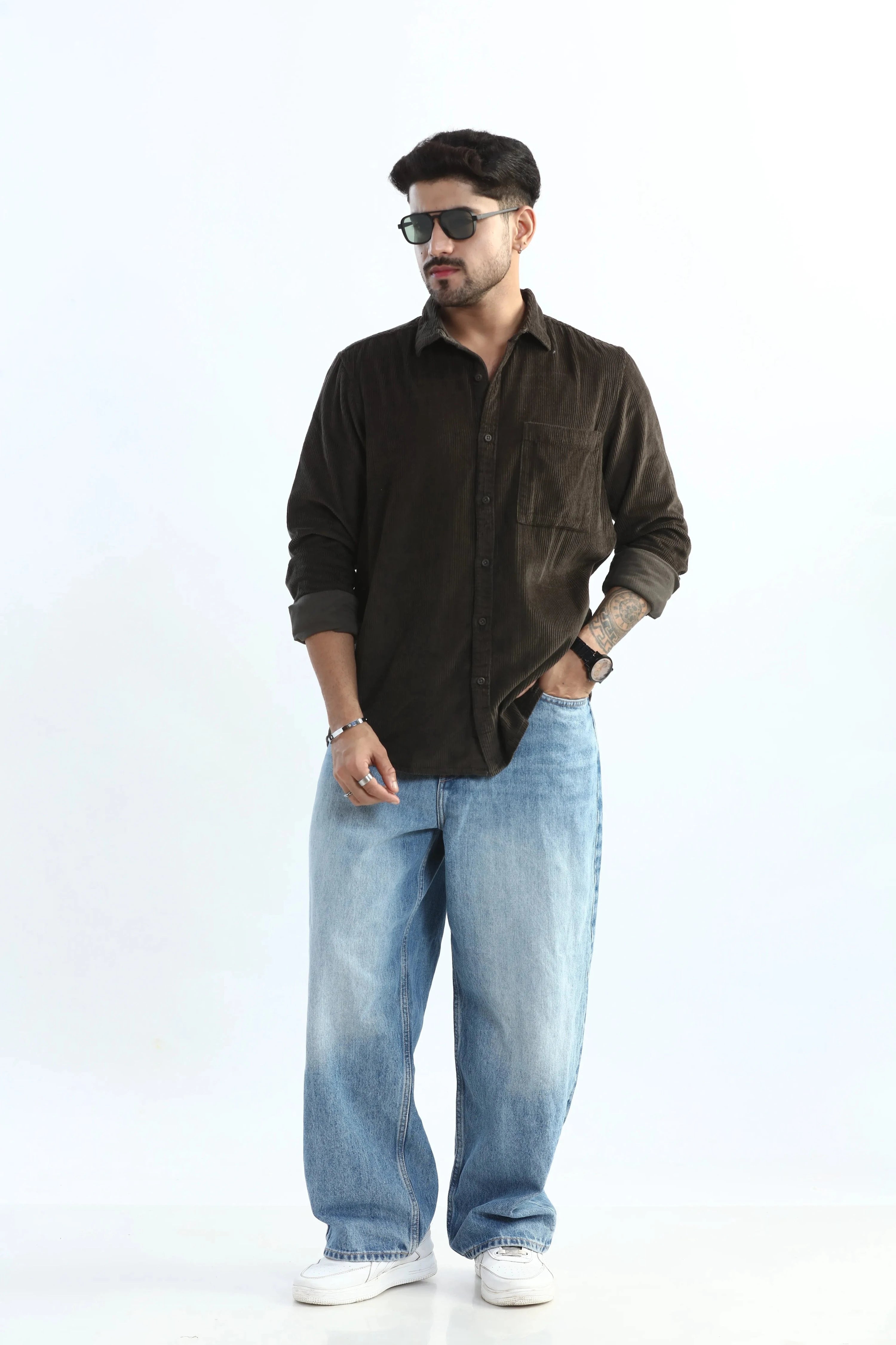 Xkind Men's Dark Grey Corduroy Regular Fit Shirt