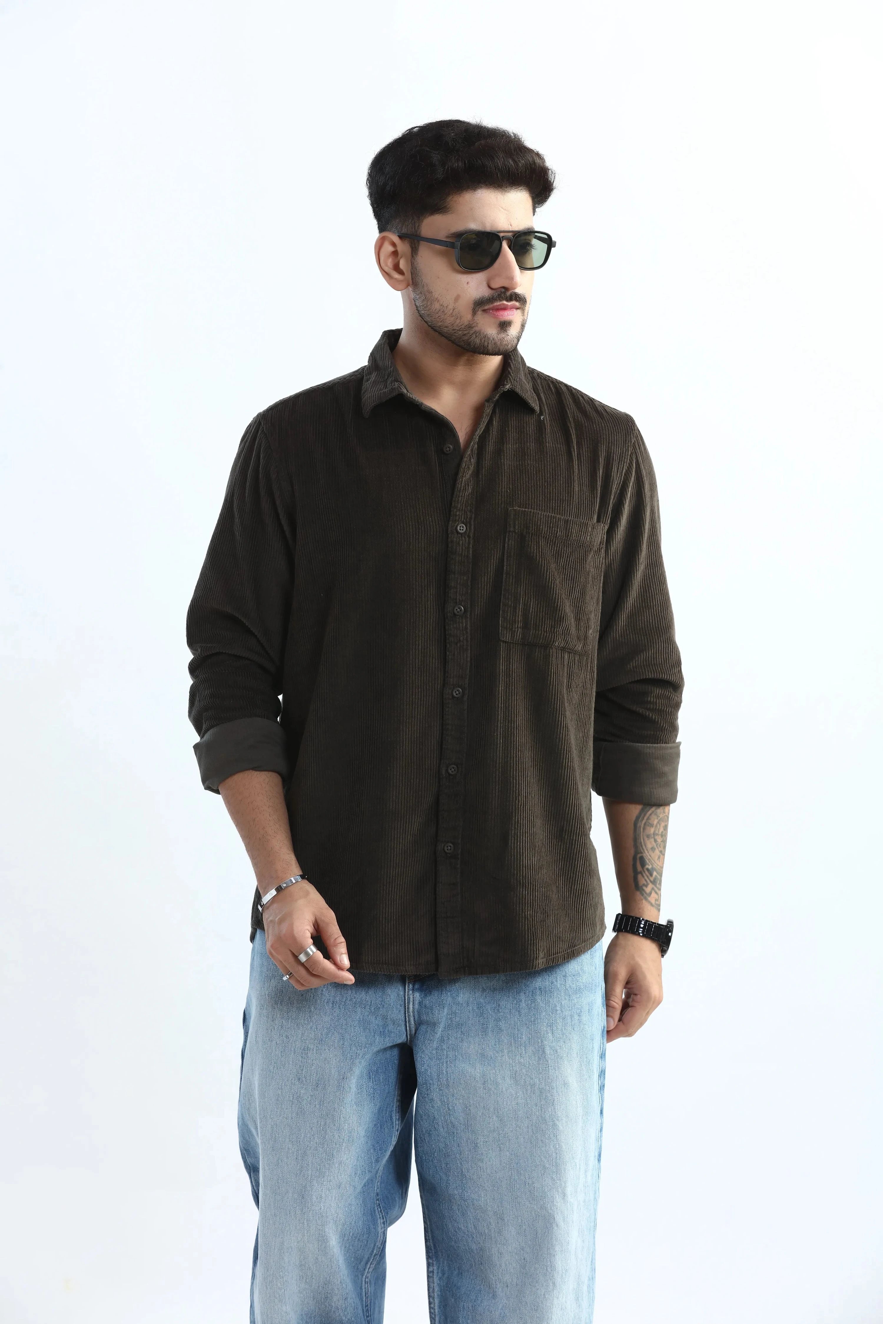 Xkind Men's Dark Grey Corduroy Regular Fit Shirt