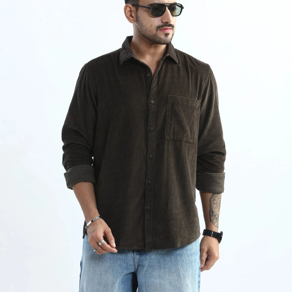 Xkind Men's Dark Grey Corduroy Regular Fit Shirt