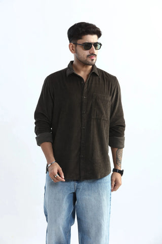 Xkind Men's Dark Grey Corduroy Regular Fit Shirt