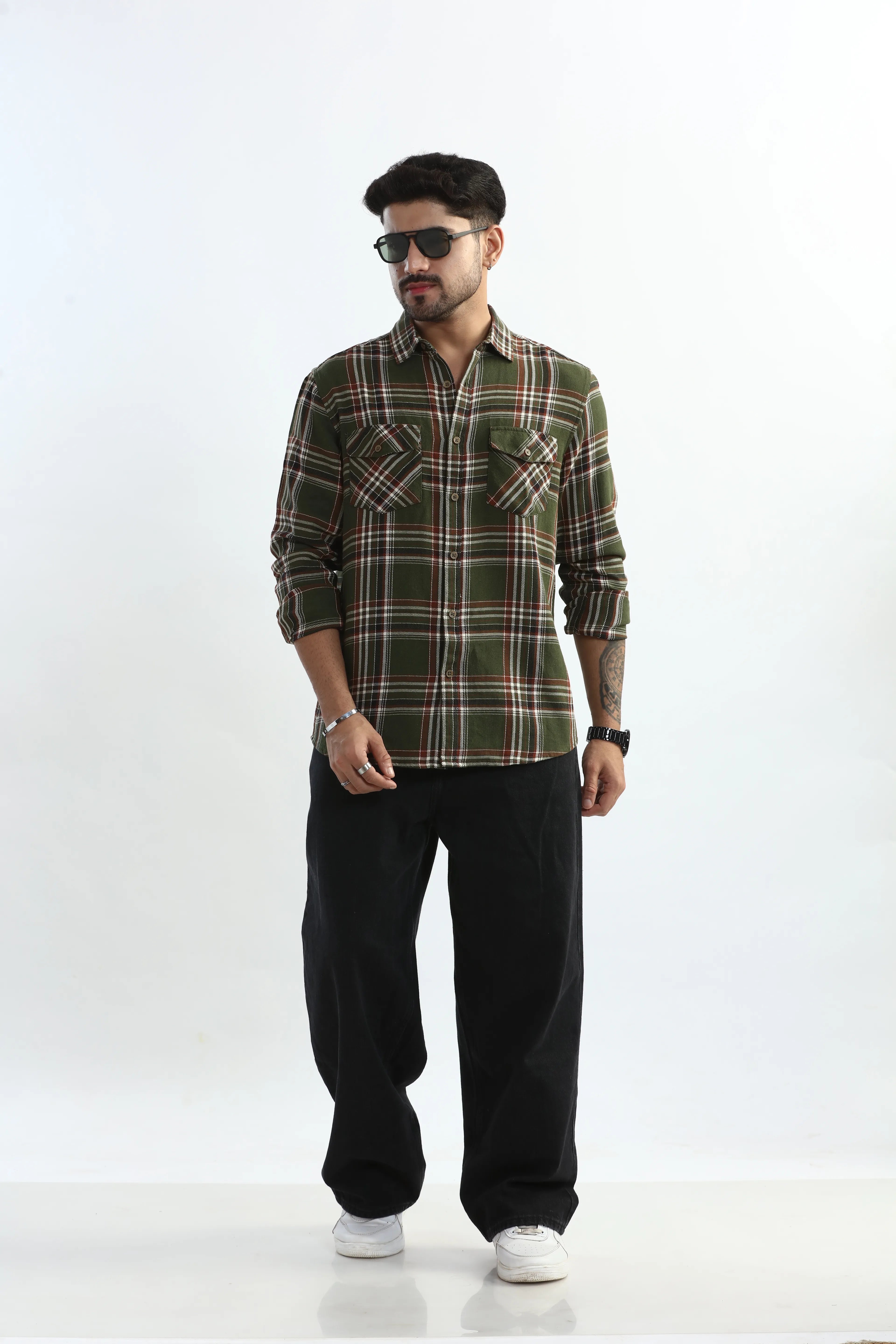 Xkind Mens'S Olive Green Textured Checks Regular Fit Shirt