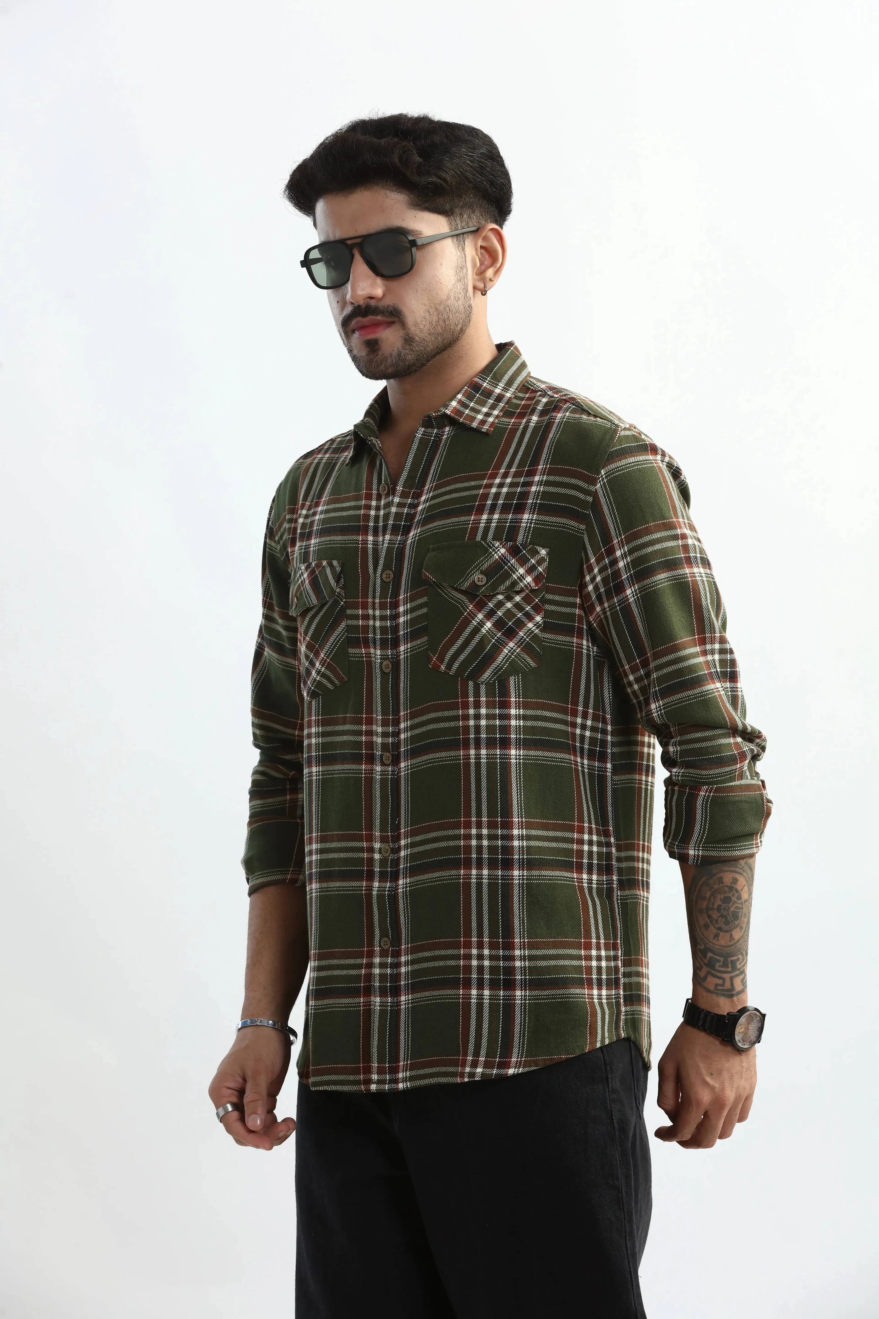 Xkind Mens'S Olive Green Textured Checks Regular Fit Shirt